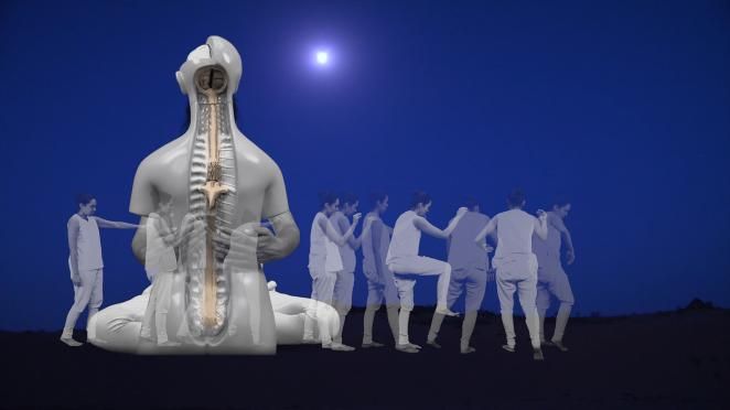 A group of people silhouetted against a blue background, with an oversized human anatomical model statue.