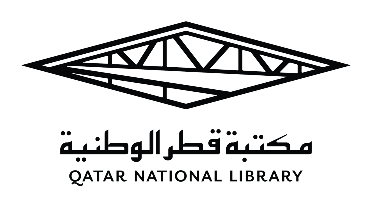Qatar National Library Logo with the name written in Arabic and English below a line drawing of the library building.