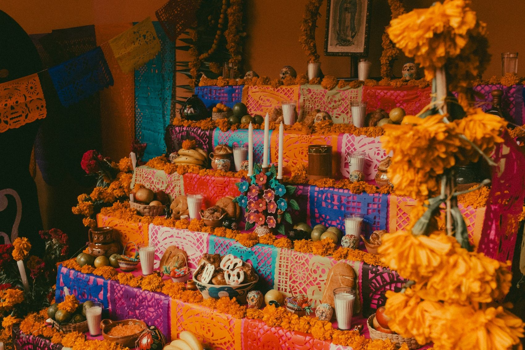 Marigold flowers decorating a day of the dead alter in mexico, inspiration for the 2026 colours and visual branding