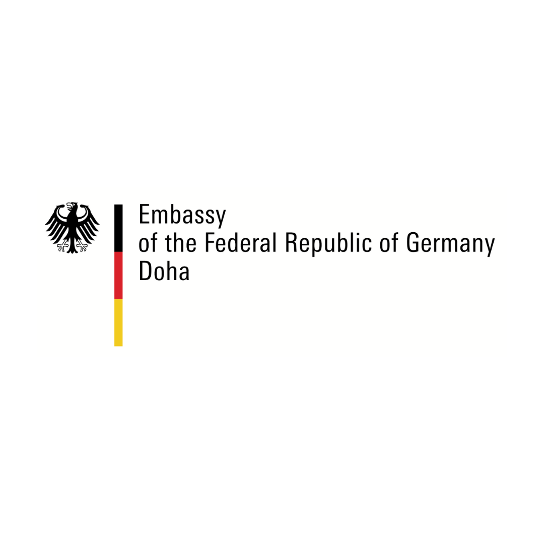 Logo of the Embassy of Germany in Doha, with a black eagle and vertical stripe made up of the German flag colours.