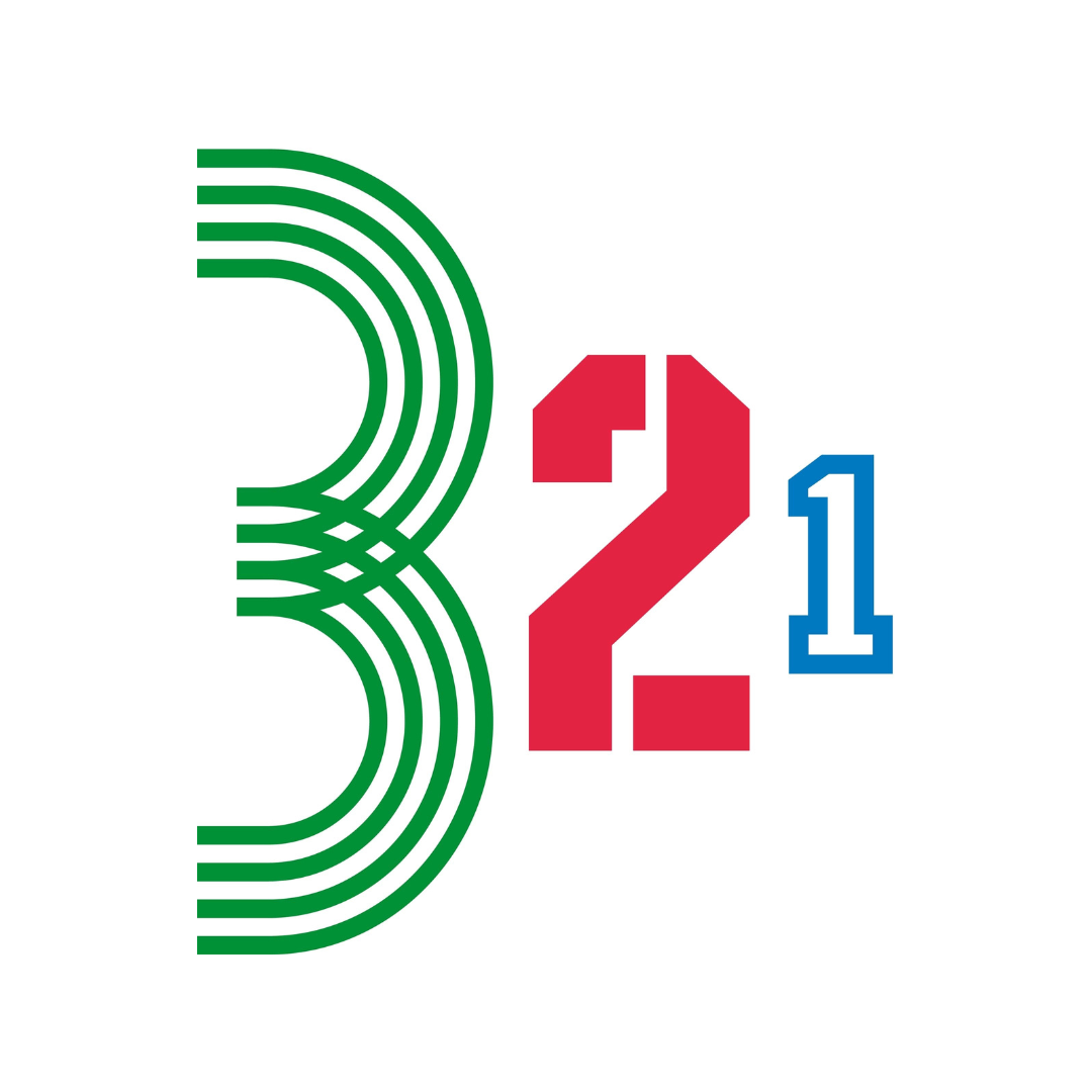 Logo of the 3-2-1 Qatar Olympic and Sports Museum, with the numbers written in green, red and blue in 3 different fonts.