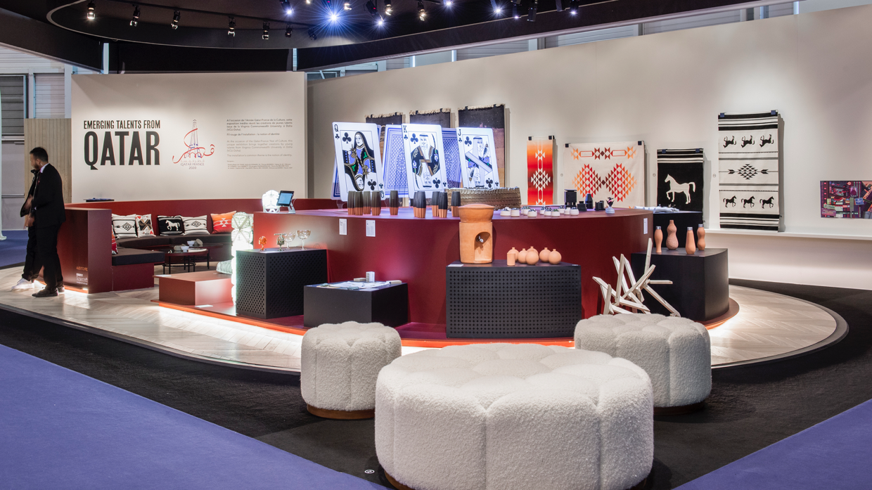 Display booth of emerging design talents from Qatar showcasing designs at Maison & Objets in Paris during Qatar-France 2020.