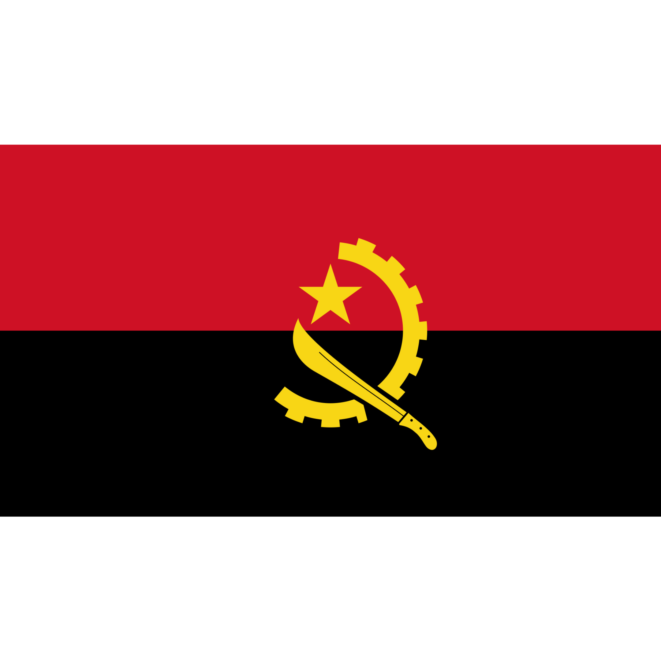 The flag of Angola is divided horizontally into 2 red and black bands, with a yellow star and emblem in the centre.