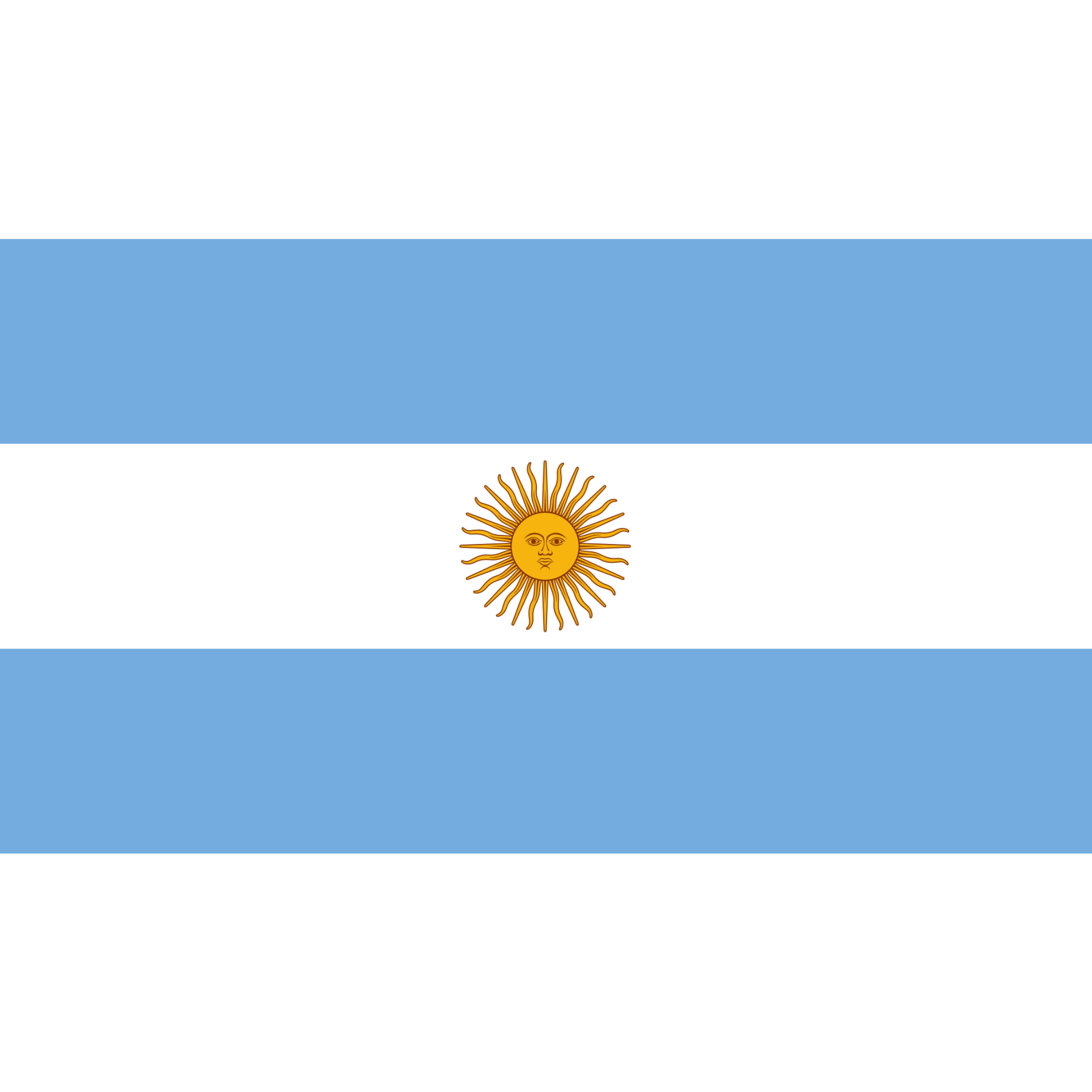 The flag of Argentina has 3 equal horizontal bands in light blue, white and light blue with a golden sun in the middle.
