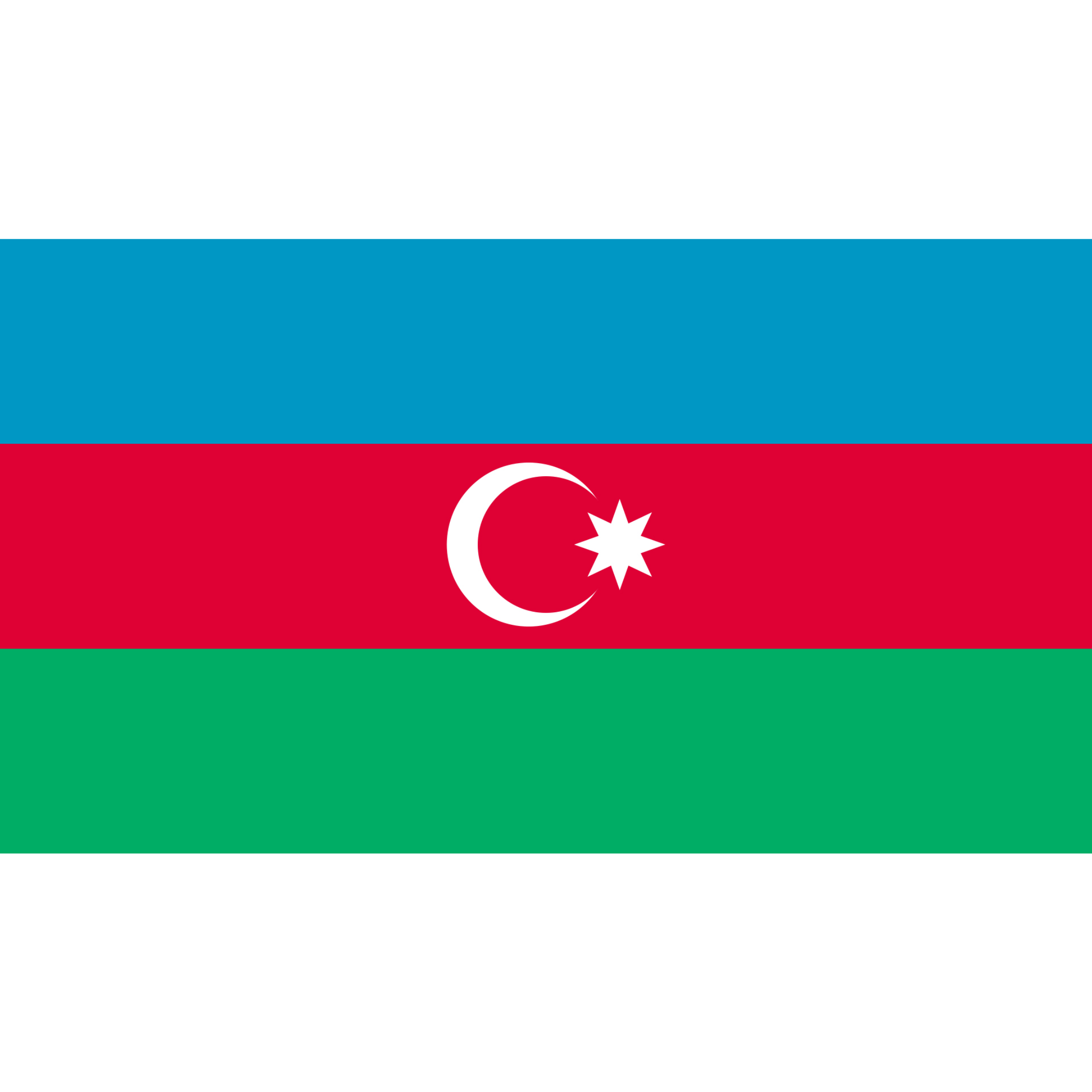 The Azerbaijani flag has 3 horizontal stripes in blue, red and green with a white crescent and 8-point star in the centre.