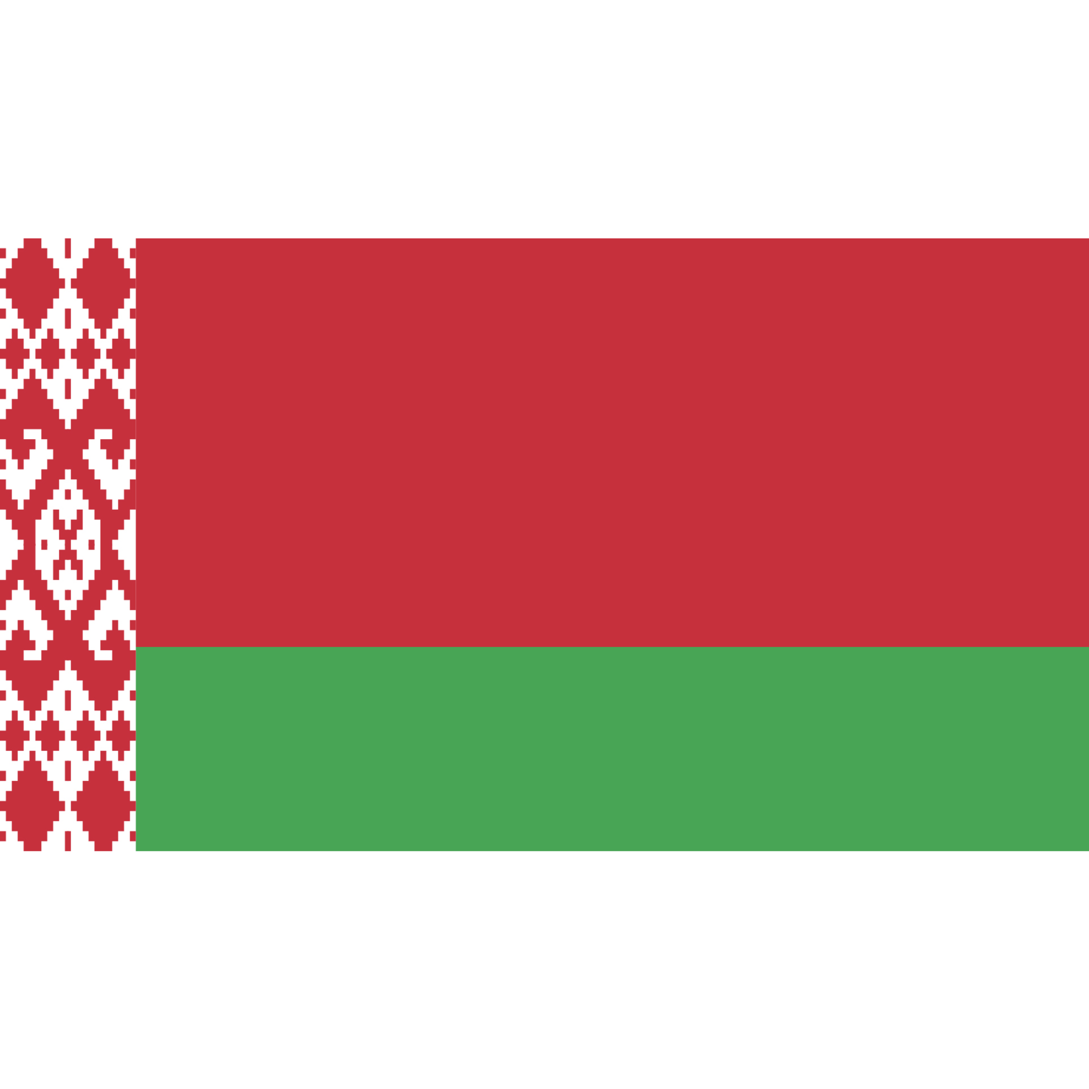 The Belarus flag has 2 horizontal bands in red (double width) and green, with a patterned white vertical stripe on the left.