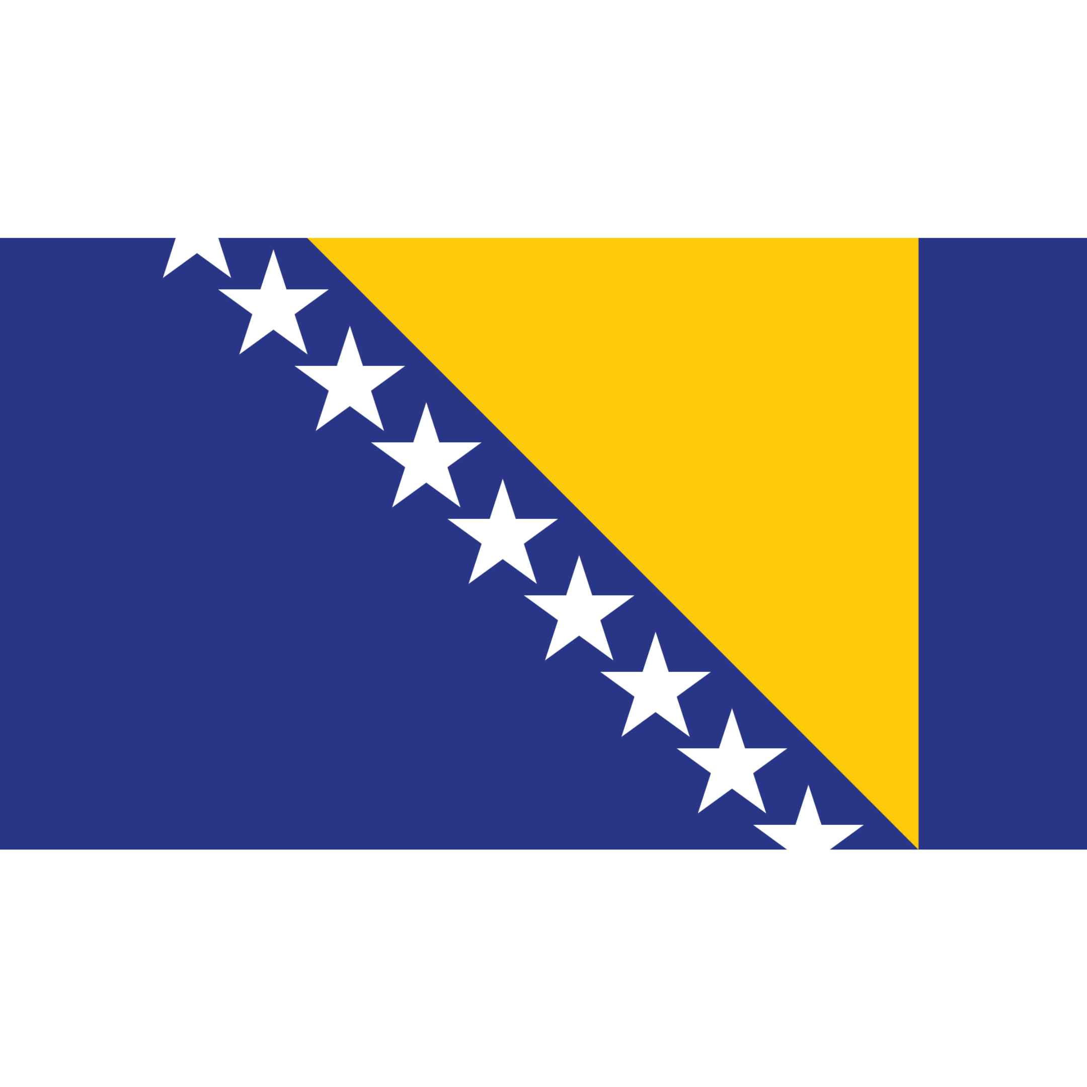 The Bosnia flag has a blue background with a yellow right angle triangle in the centre, and a diagonal line of white stars.