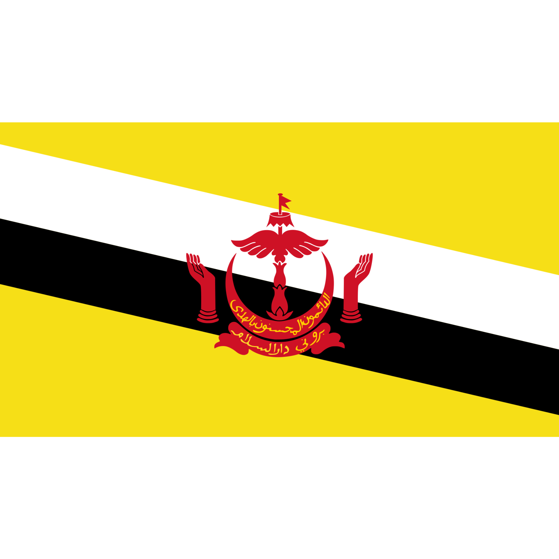 The Brunei flag has a yellow background with black and white diagonal stripes and the emblem of Brunei in the centre in red.