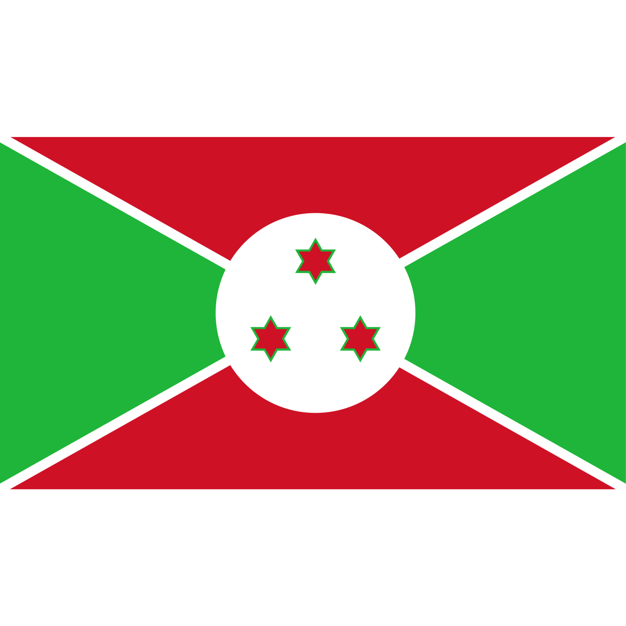 The Burundi flag has a white cross dividing red and green triangles, with a white circle and 6 red stars in the centre.