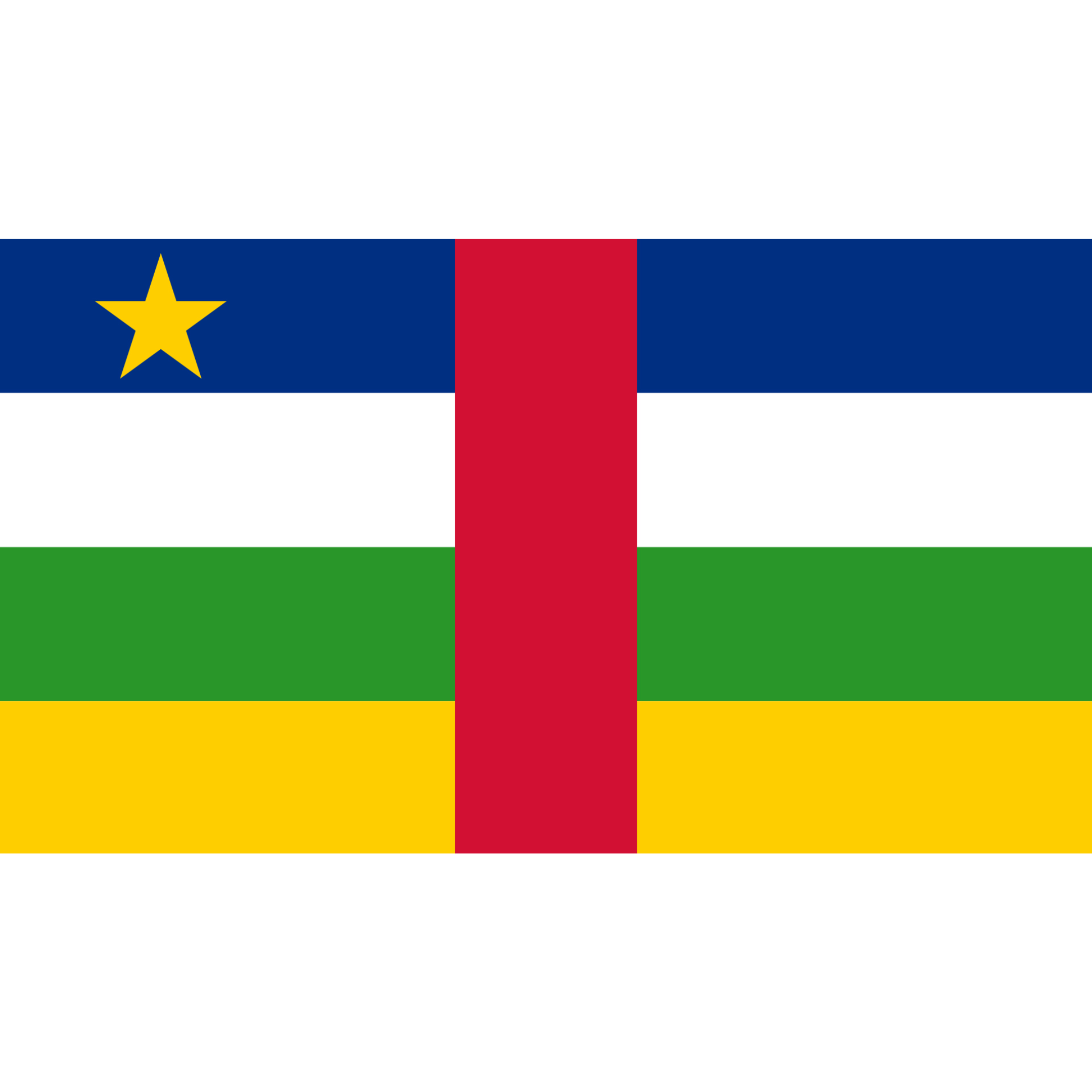 Central African Republic's flag has blue, white, green and yellow horizontal bands, a red vertical band and a yellow star.