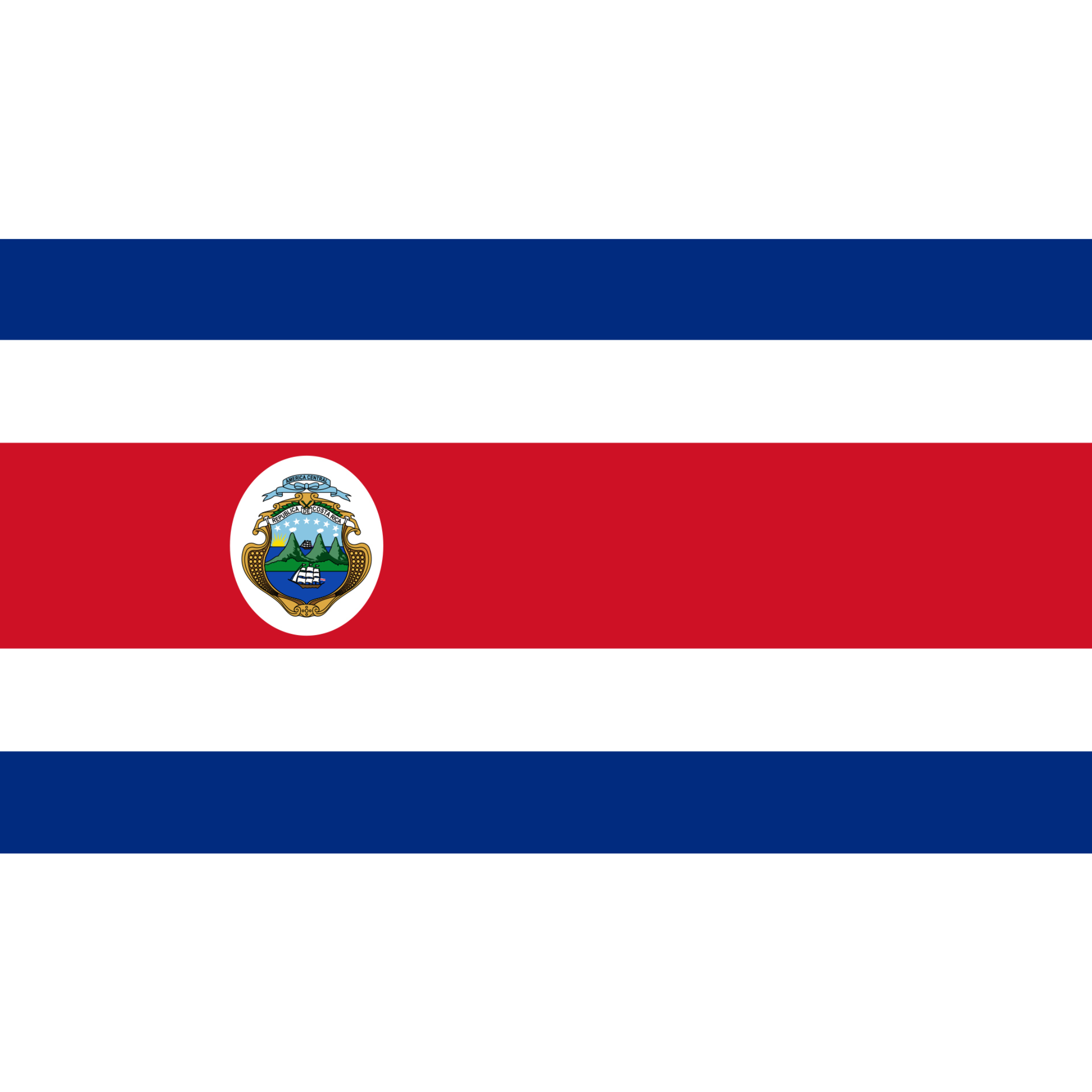 Costa Rica's flag has 2 blue stripes, 2 white stripes and a central double width red stripe with a coat of arms to the left. 