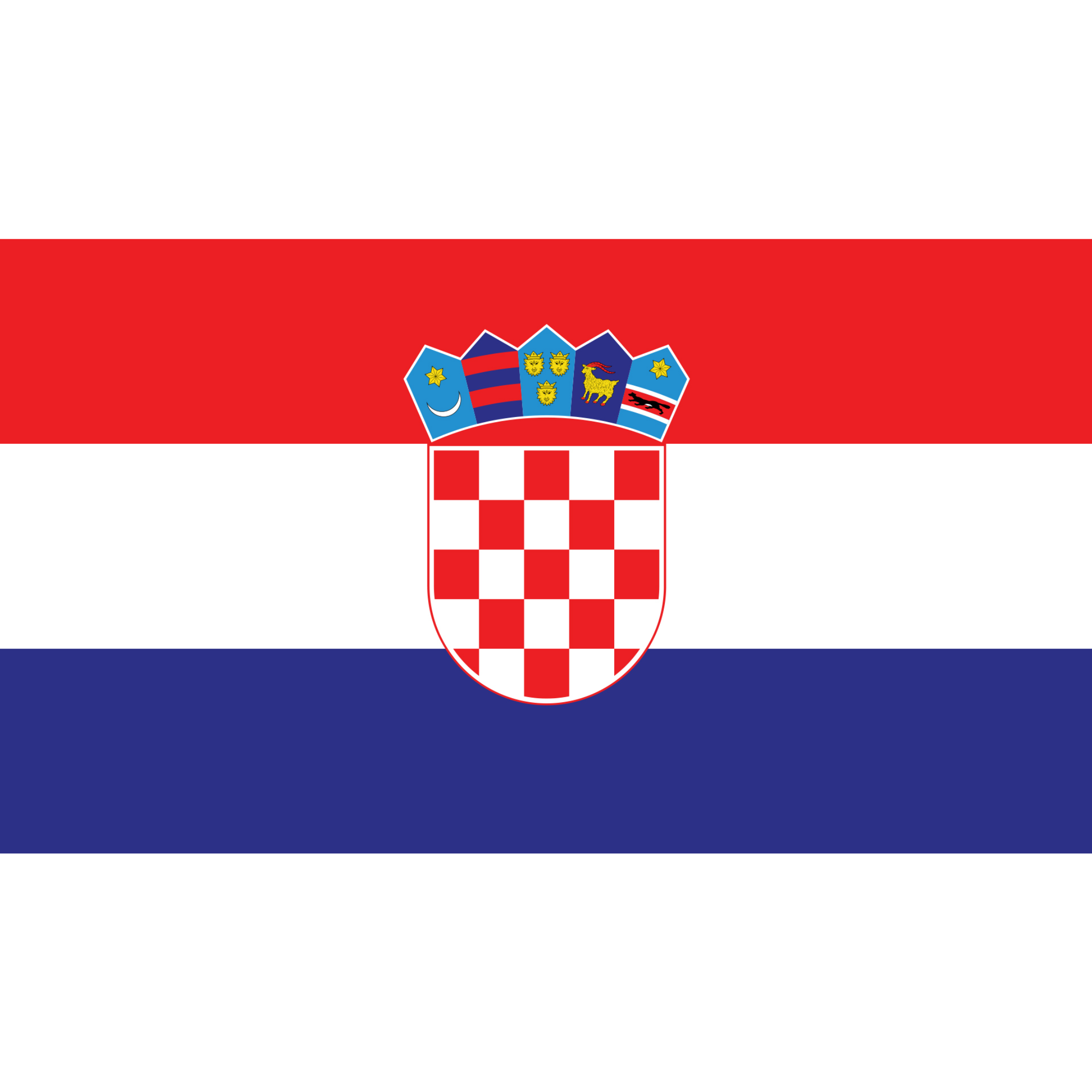 The Croatian flag consists of 3 equal horizontal bands in red, white and blue with the coat of arms of Croatia in the middle.