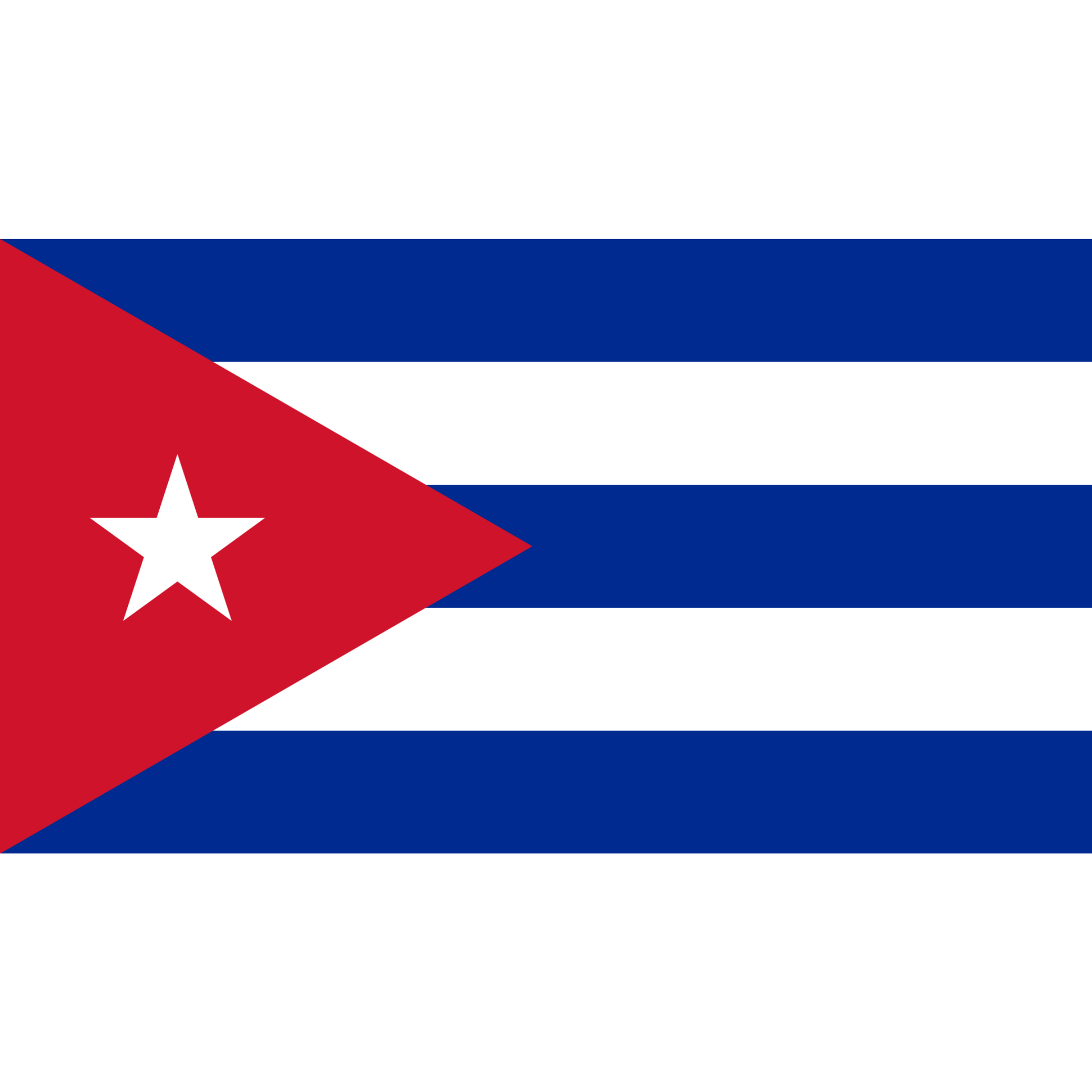The Cuban flag has 5 horizontal blue and red stripes, and a red triangle on the left containing a white five-pointed star.