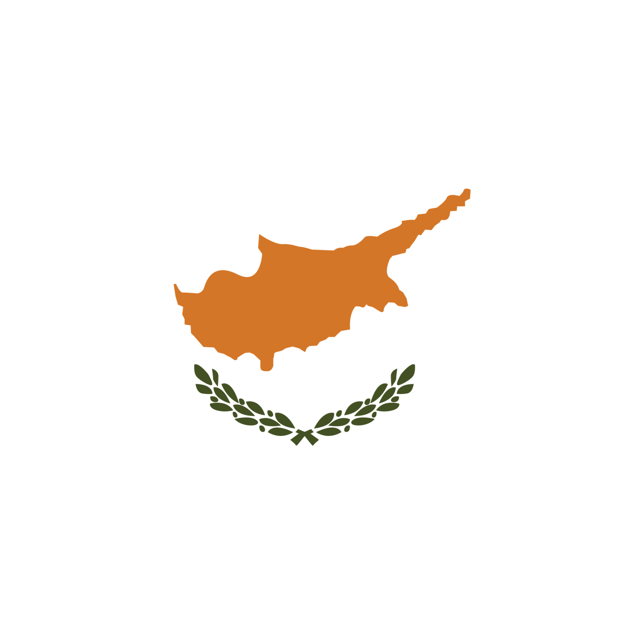 The flag of Cyprus has a white background with the shape of the island in the centre in copper, above two olive branches.