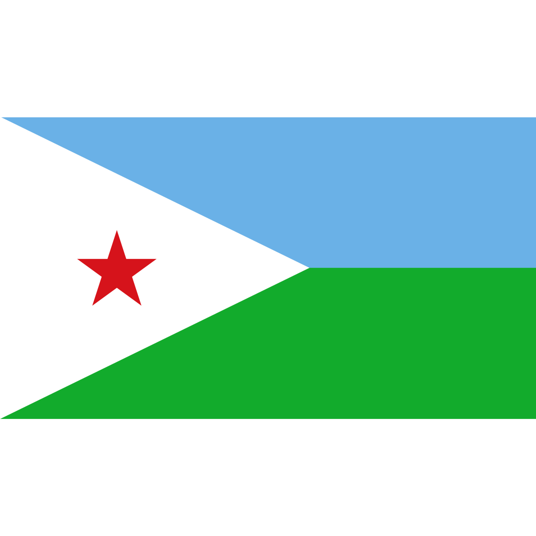 The Djibouti flag has two equal horizontal bands in blue and green, with a white triangle to the left containing a red star.