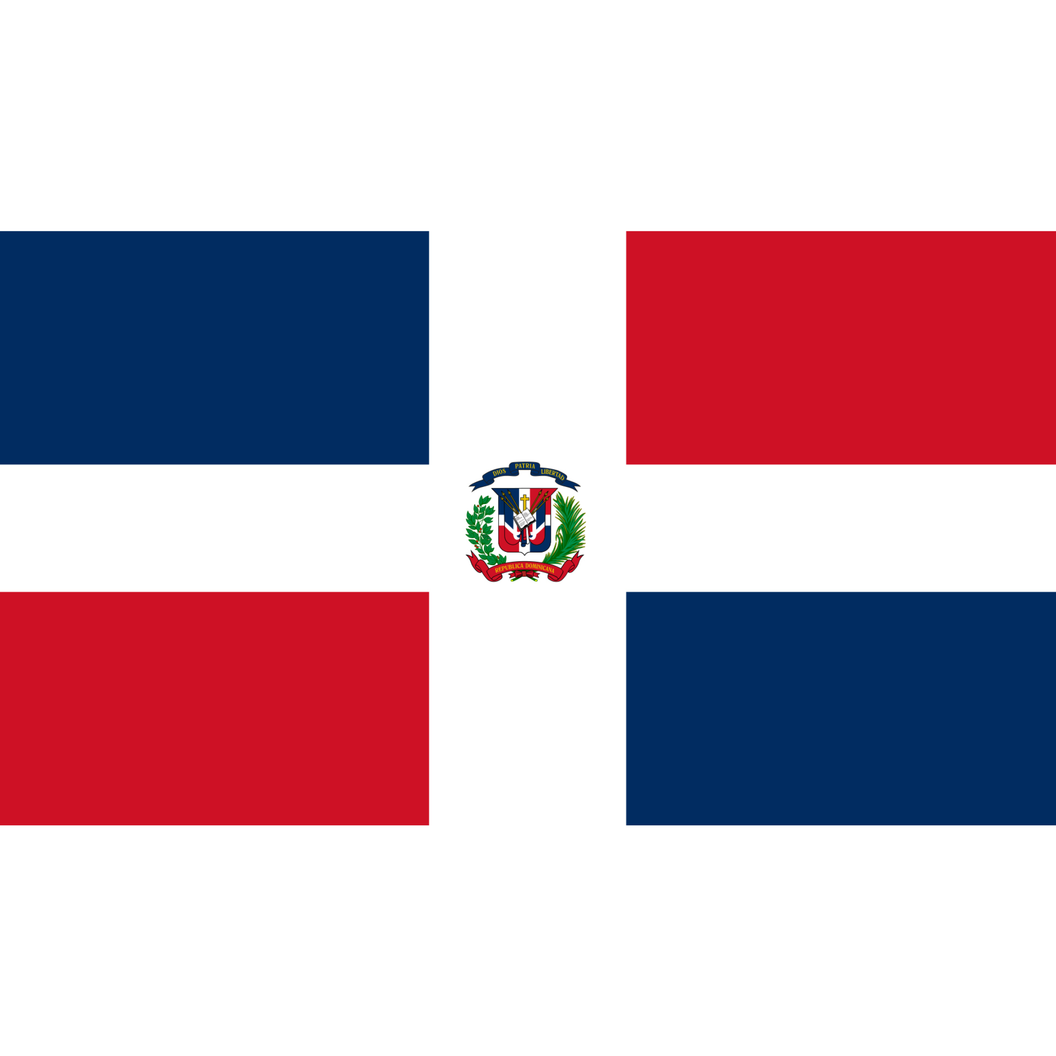 Dominican Republic's flag has a white cross dividing it into four blue and red rectangles, with a coat of arms in the centre.
