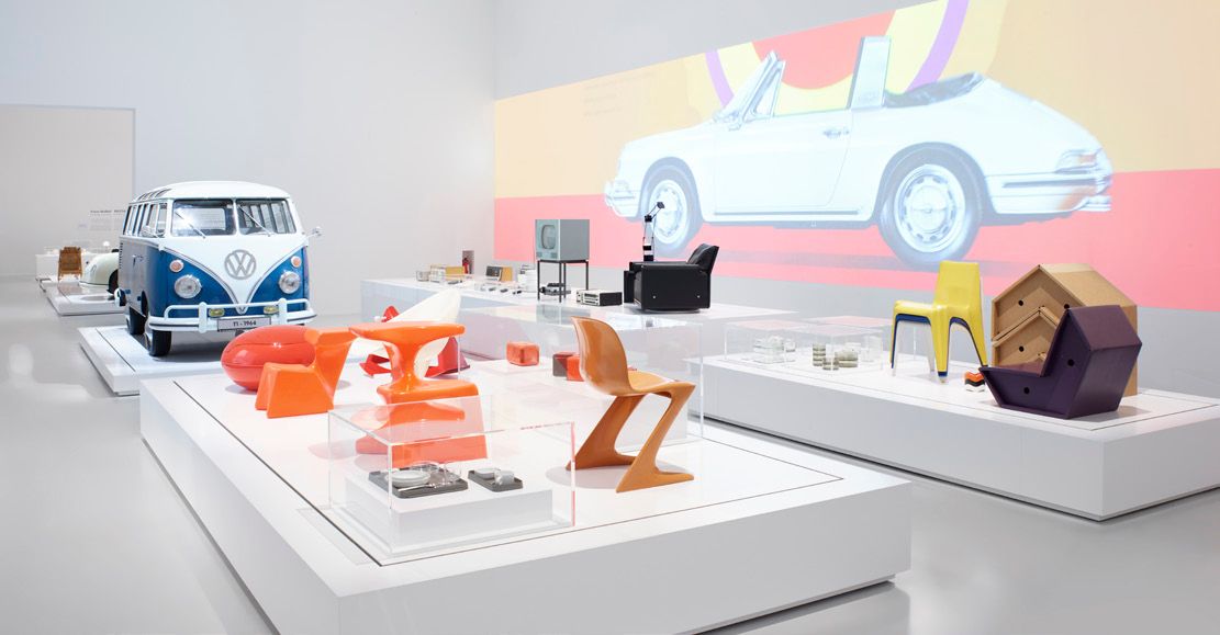 Objects designed in Germany on display as part of the Driven by German Design exhibition including a VW Bus, chairs and more.