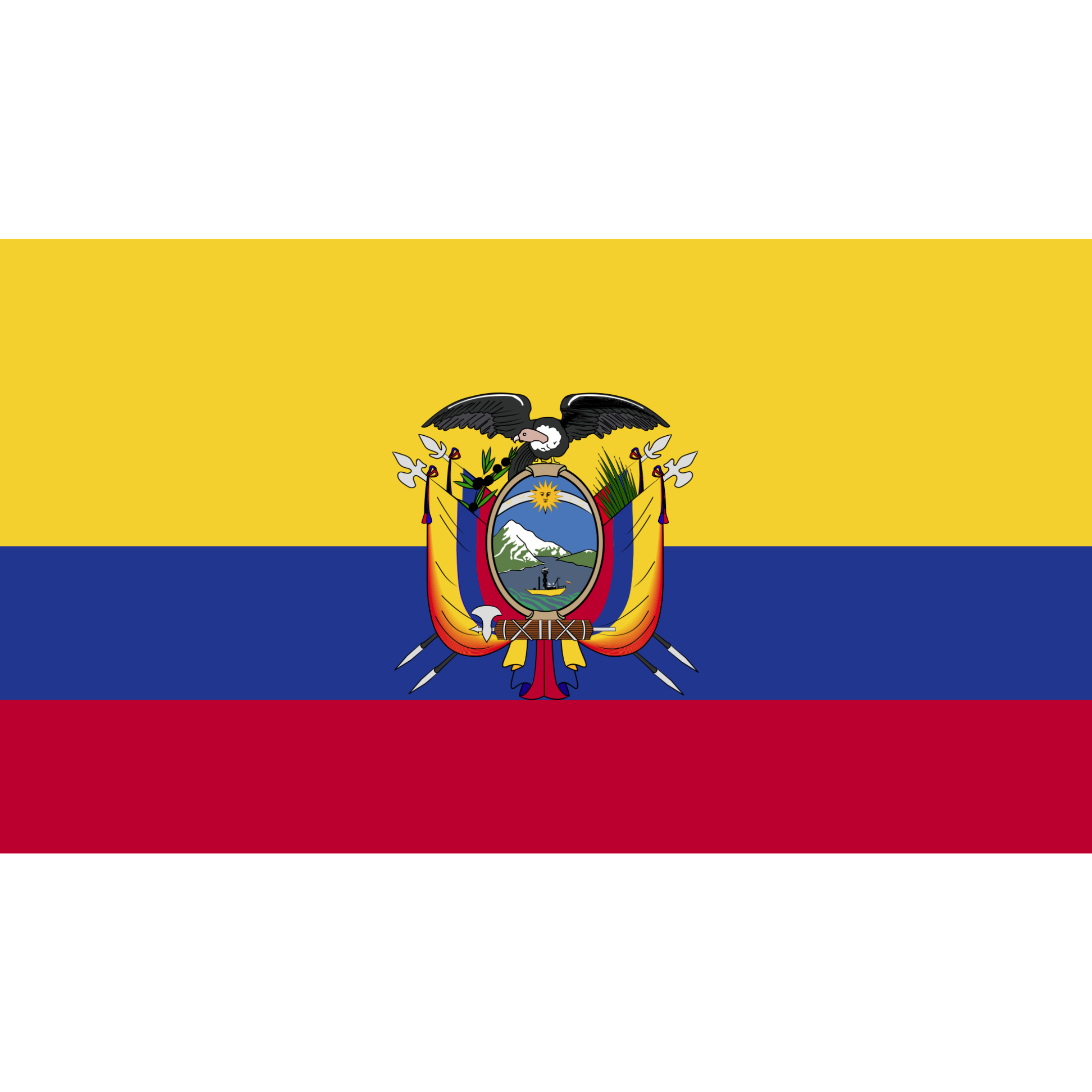 The flag of Ecuador has 3 horizontal bands of yellow (double width), blue and red and a central coat of arms.