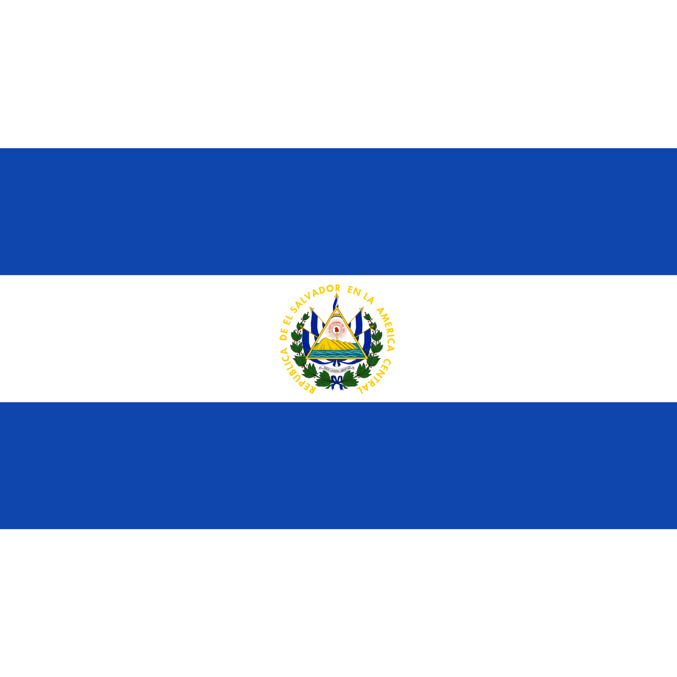 The El Salvador Flag is made of three horizontal bands in blue, white and blue, with a coat of arms in the central stripe. 