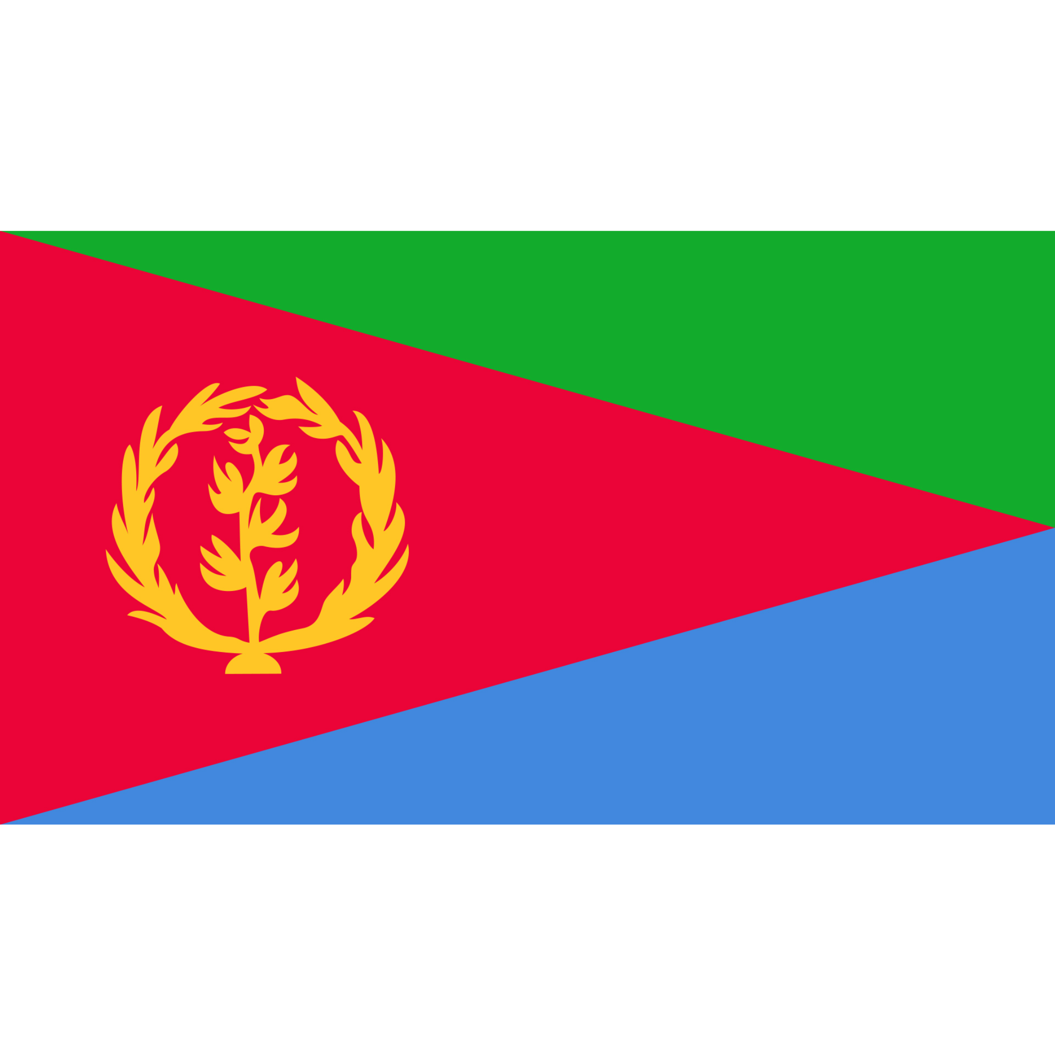 The Eritrean flag is made up of 3 alternating triangles in green, red, and blue with a golden yellow symbol on the left side.