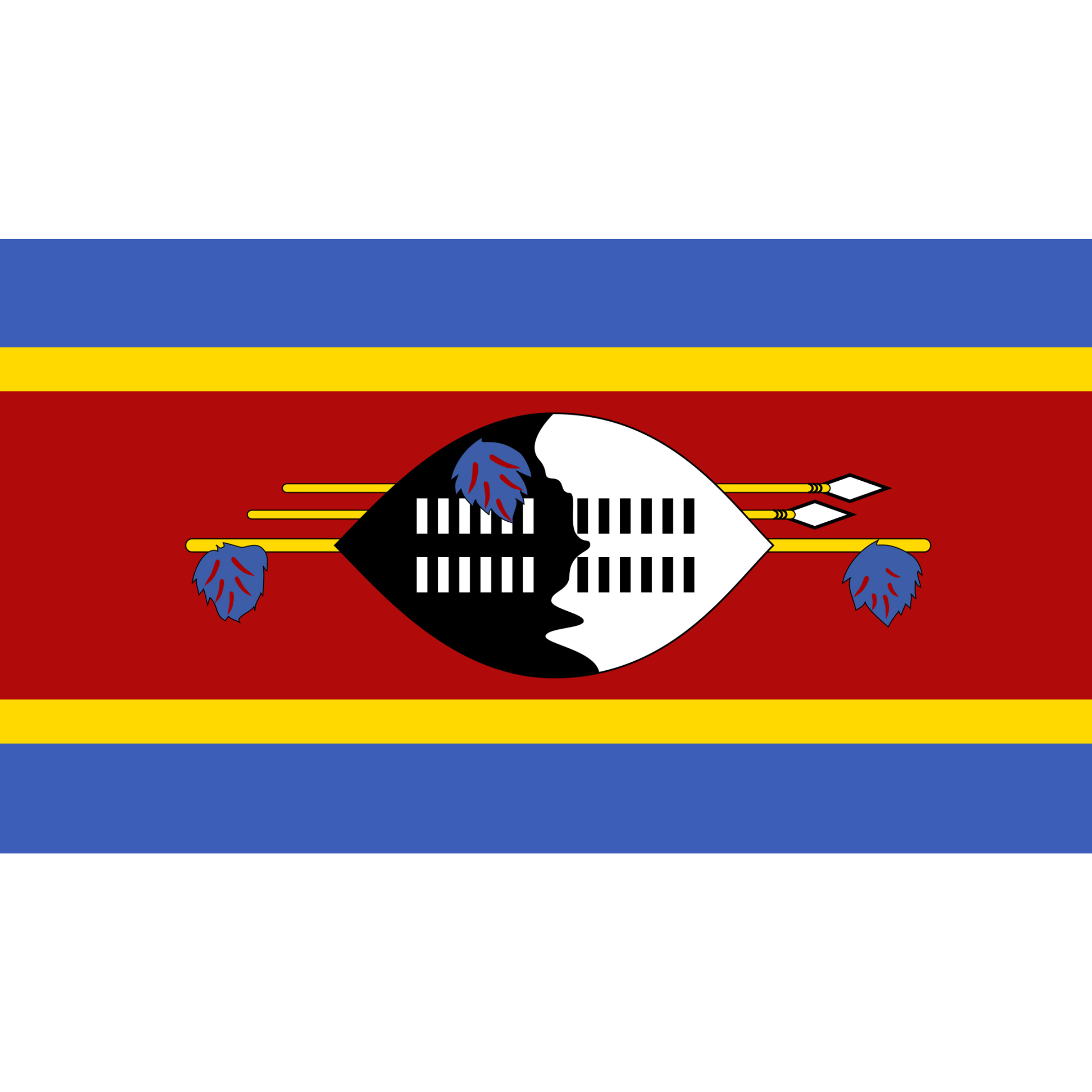 The Eswatini flag has a background of blue, yellow and red horizontal stripes, with a black and white shield in the middle.