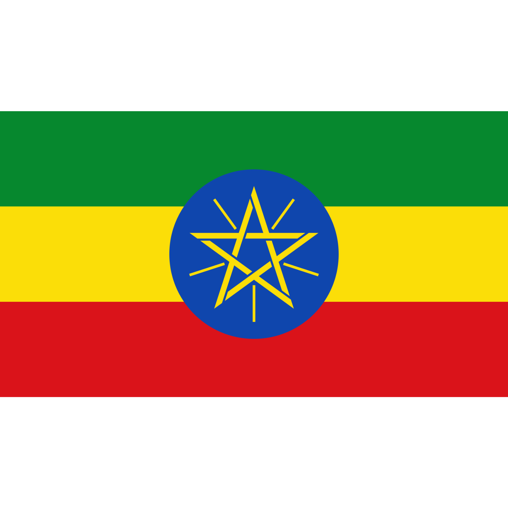 Ethiopia's flag has 3 green, yellow and red horizontal bands with a golden pentagram on a blue circle in the centre.