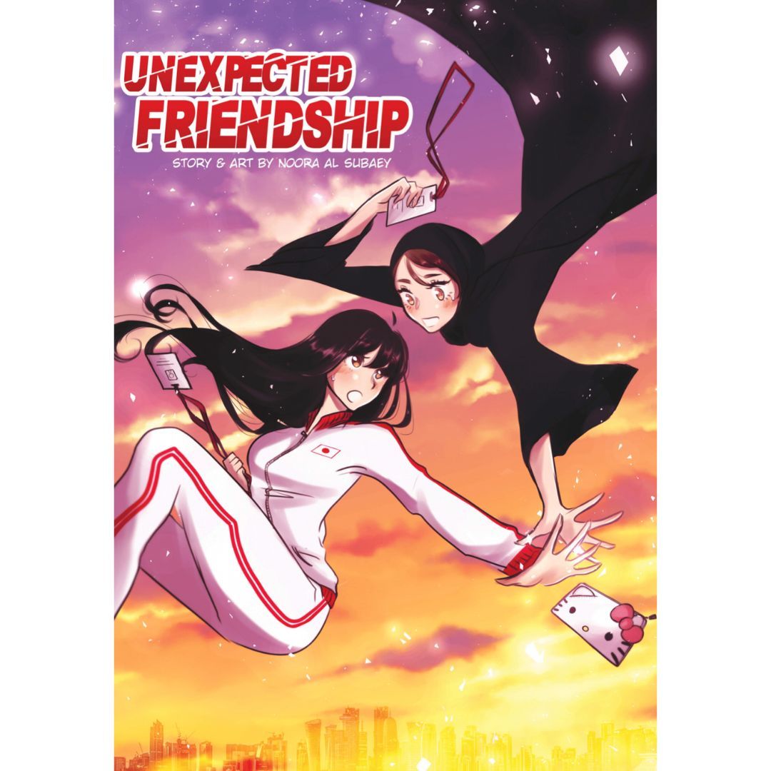 An illustrated Manga showing two women falling through the air against a colourful sky
