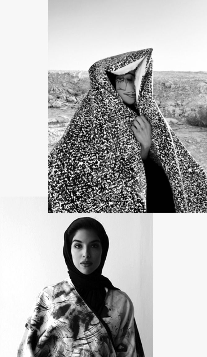 A collage of images featuring a woman wearing a hijab and another woman wrapped in fabric with lines drawn on her face.