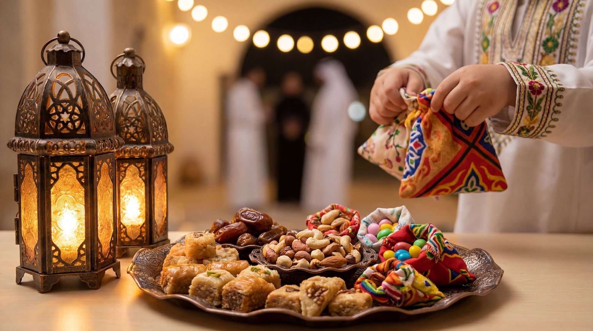 Close-up of traditional Garangao treats including maamoul, dates, nuts, and colorful candies served in ornate brass trays. In the background, children