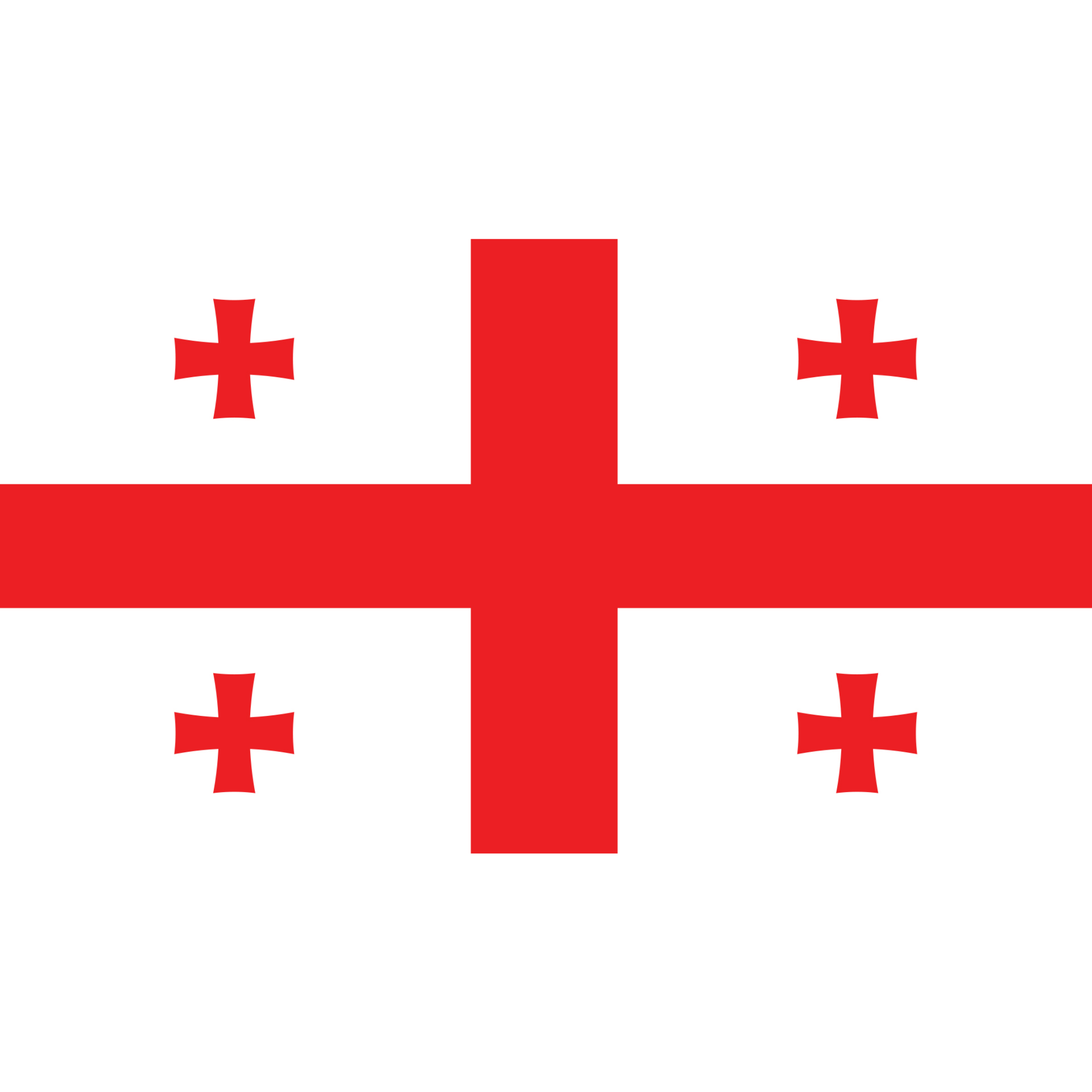 The flag of Georgia has a white background with a large red cross in the centre and a smaller red cross in each quarter.