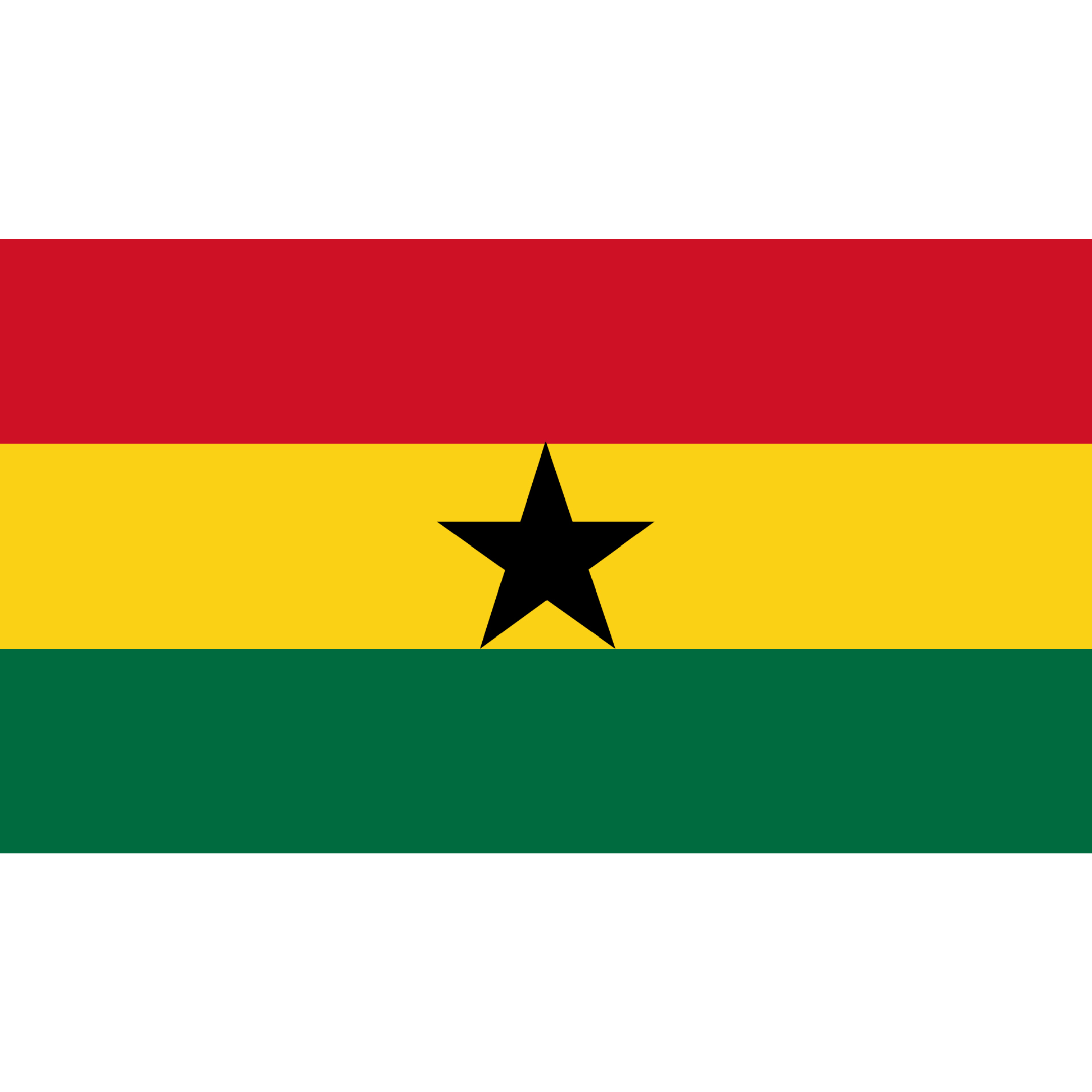 The flag of Ghana consists of three horizontal bands in red, gold and green with a black five-point star in the centre.