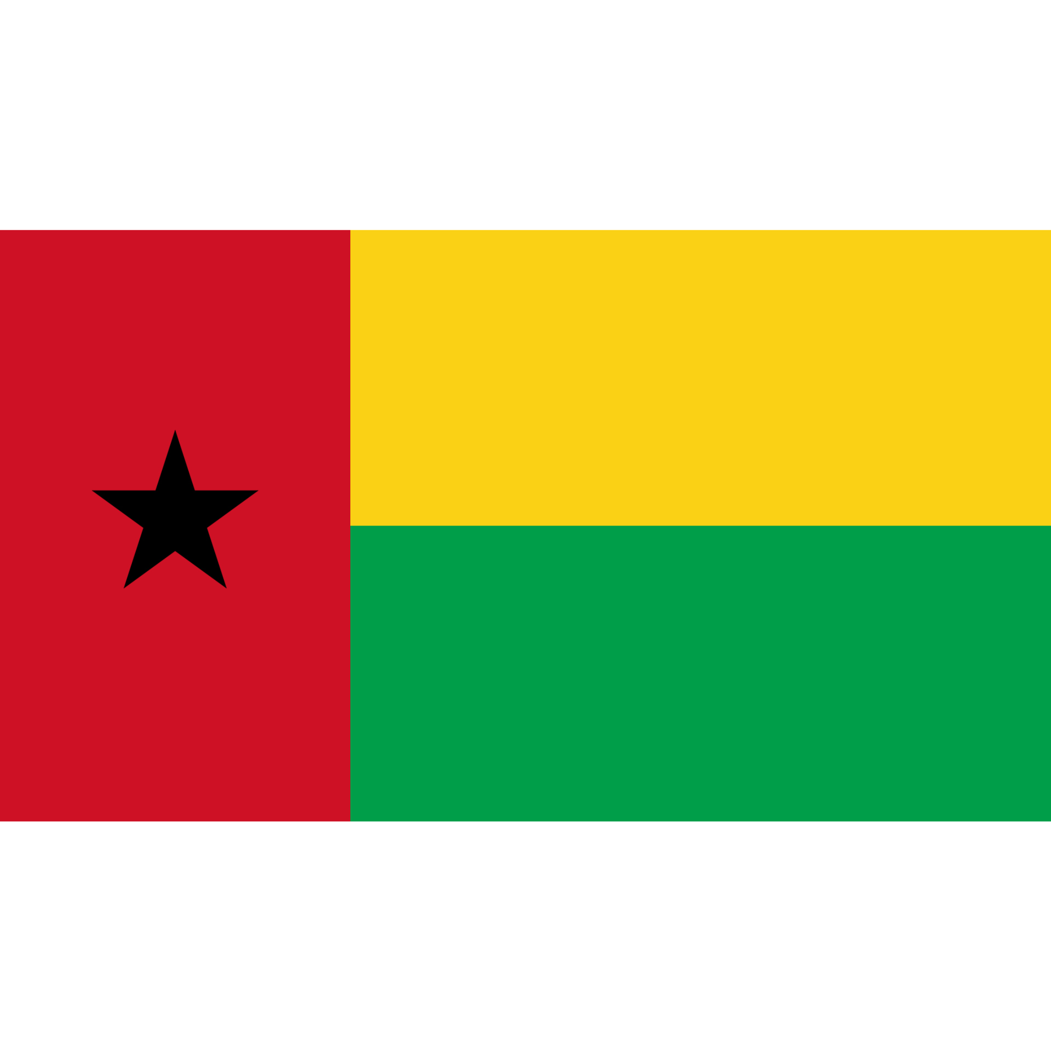 The Guinea-Bissau flag has a vertical red band with a black star and 2 horizontal yellow and green bands on the right.