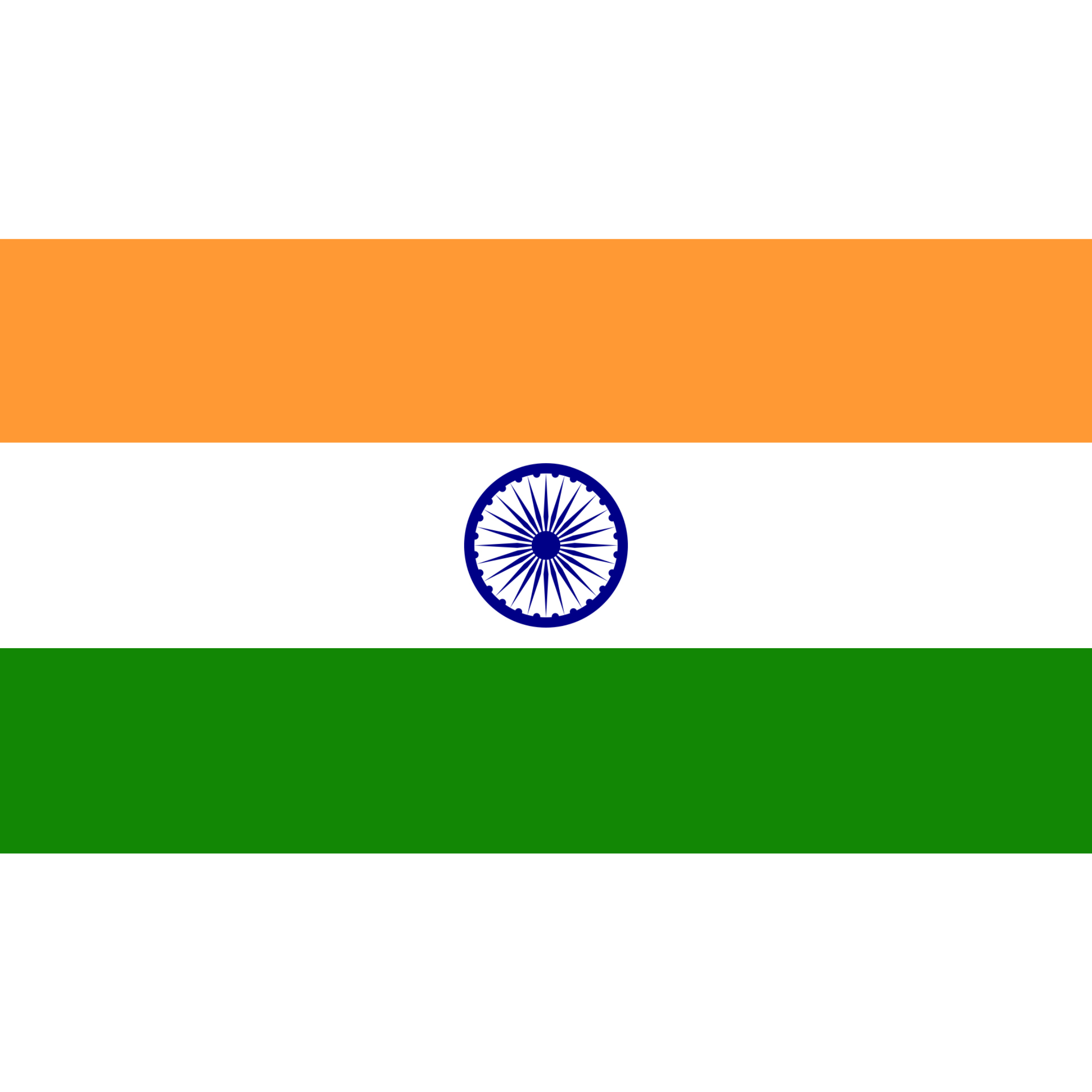 The Indian flag has 3 horizontal bands in orange, white and green, with a wheel (the Ashoka Chakra) in blue at the centre.
