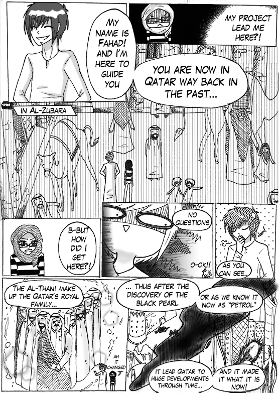 A black and white manga cartoon depicting a story set in historic Qatar.