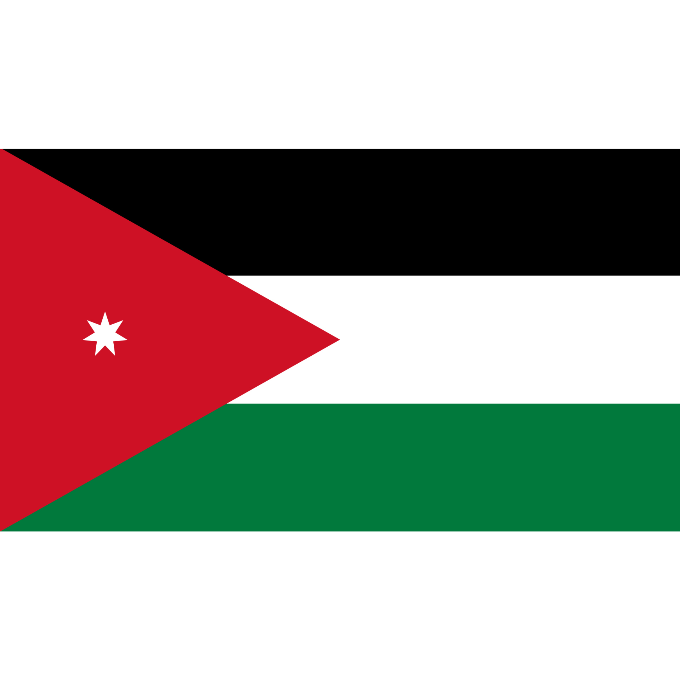 The flag of Jordan is made up of 3 horizontal black, white, and green bands, connected by a red chevron with a white star. 