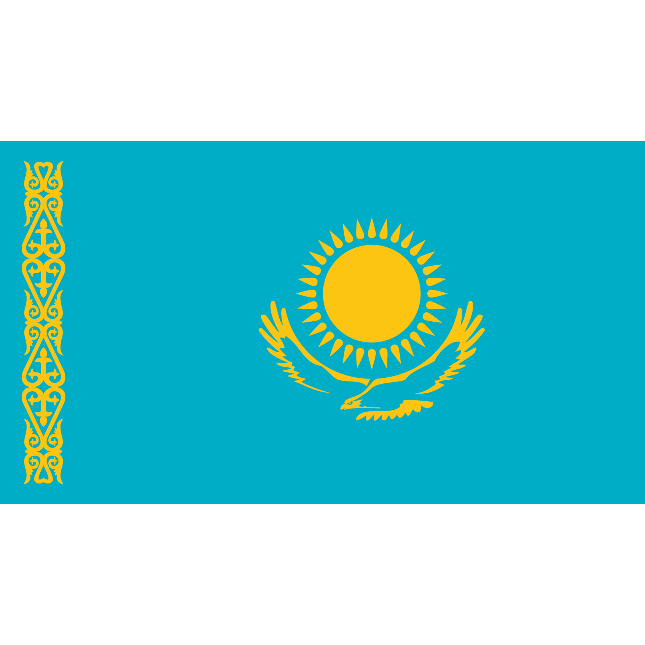 Kazakhstan's flag is a blue rectangle with a yellow sun and eagle in the centre, and a vertical band on the right.