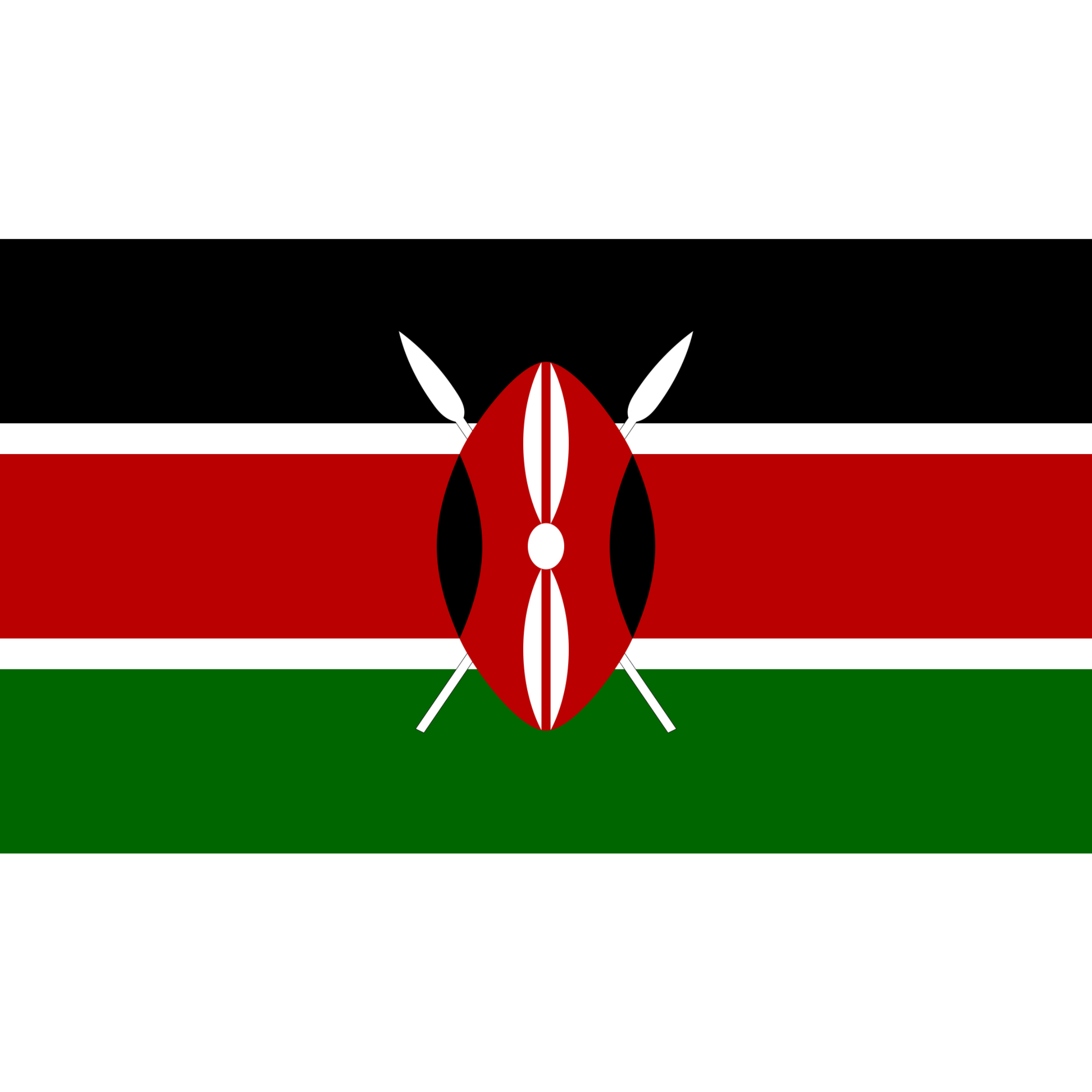 Kenya's flag has 3 horizontal black, red, and green bands separated by thin white lines with a shield and two crossed spears.