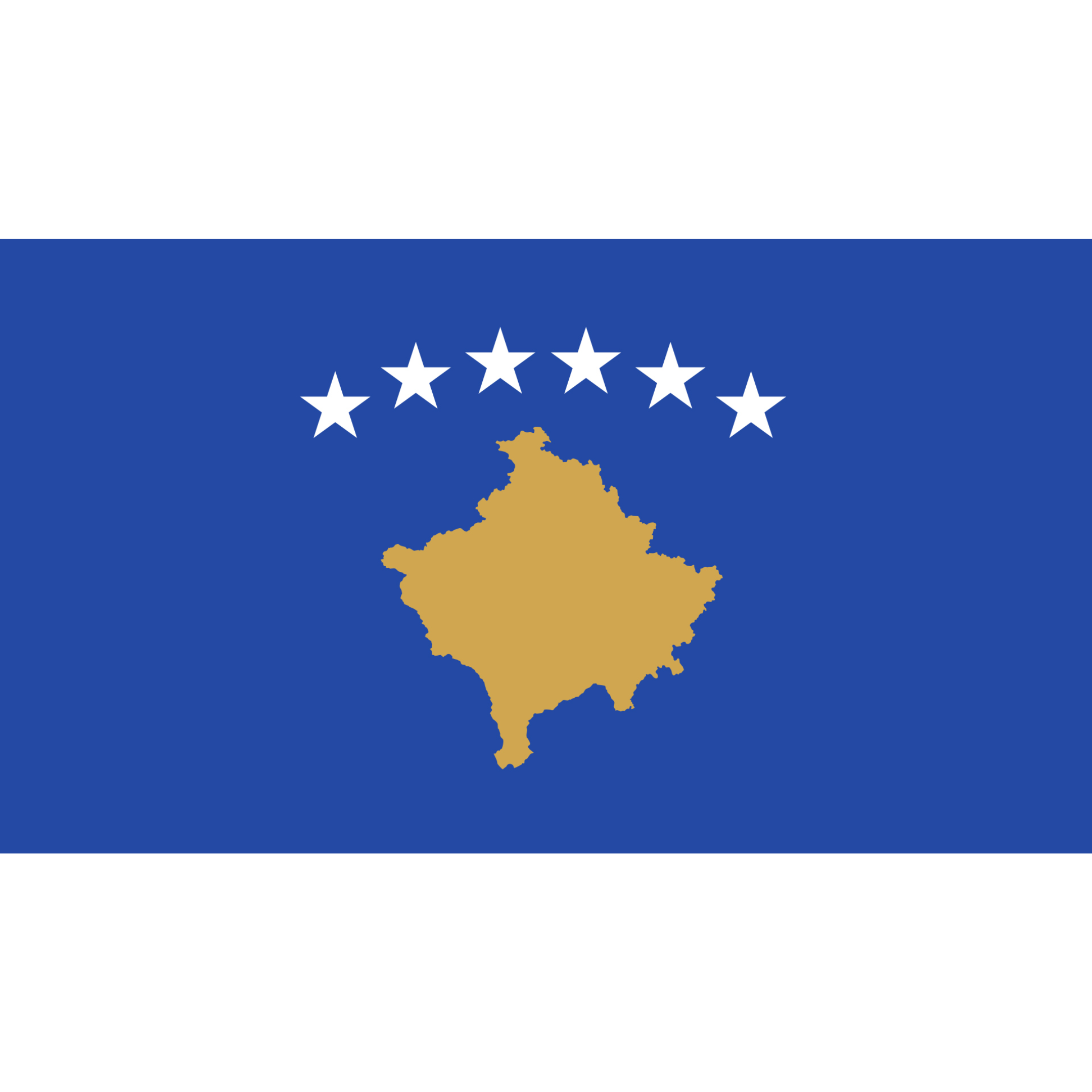 The flag of Kosovo has a blue background and six white stars in an arc above a golden map of Kosovo.