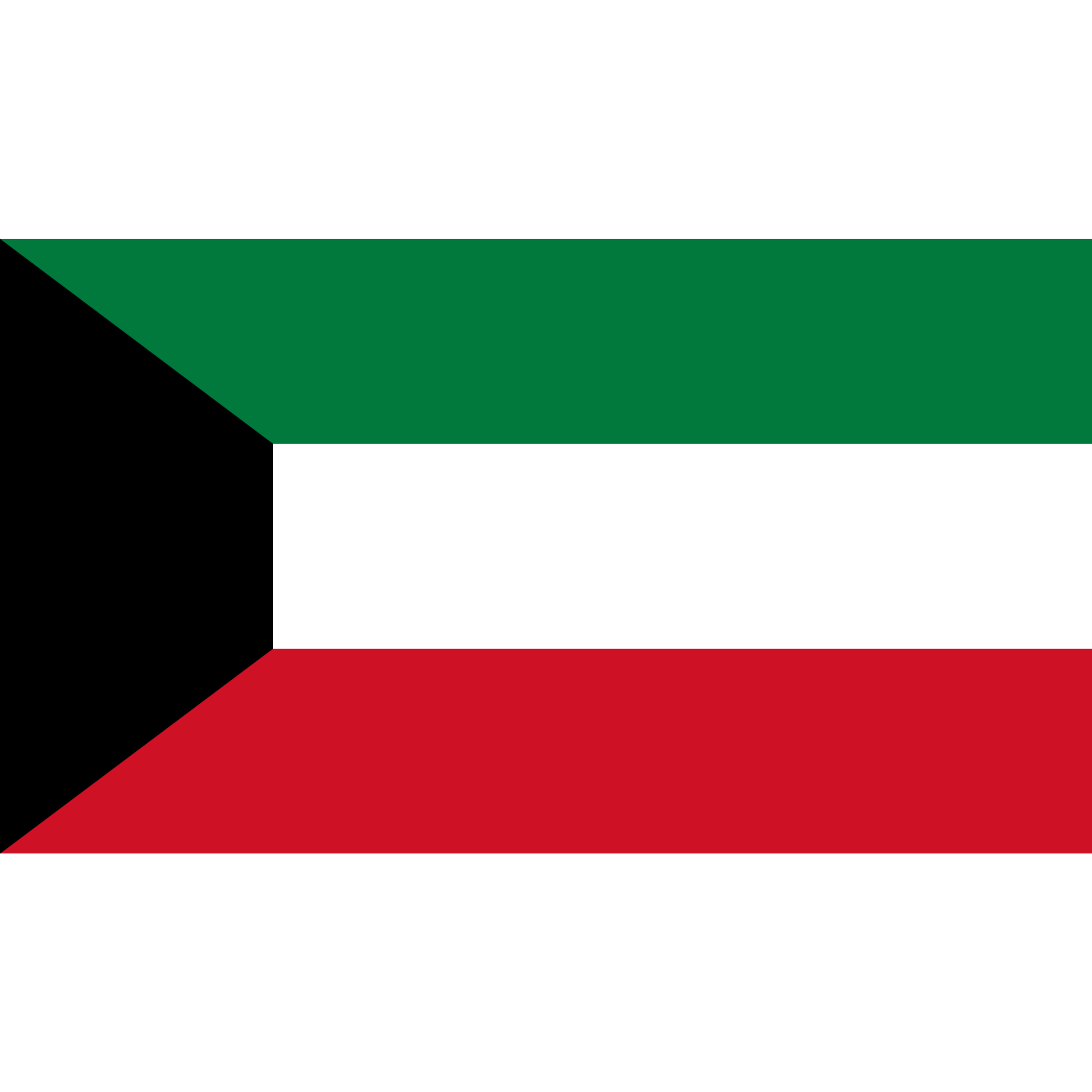 The flag of Kuwait has three horizontal stripes in green, white, and red with a black trapezoid on the left side.