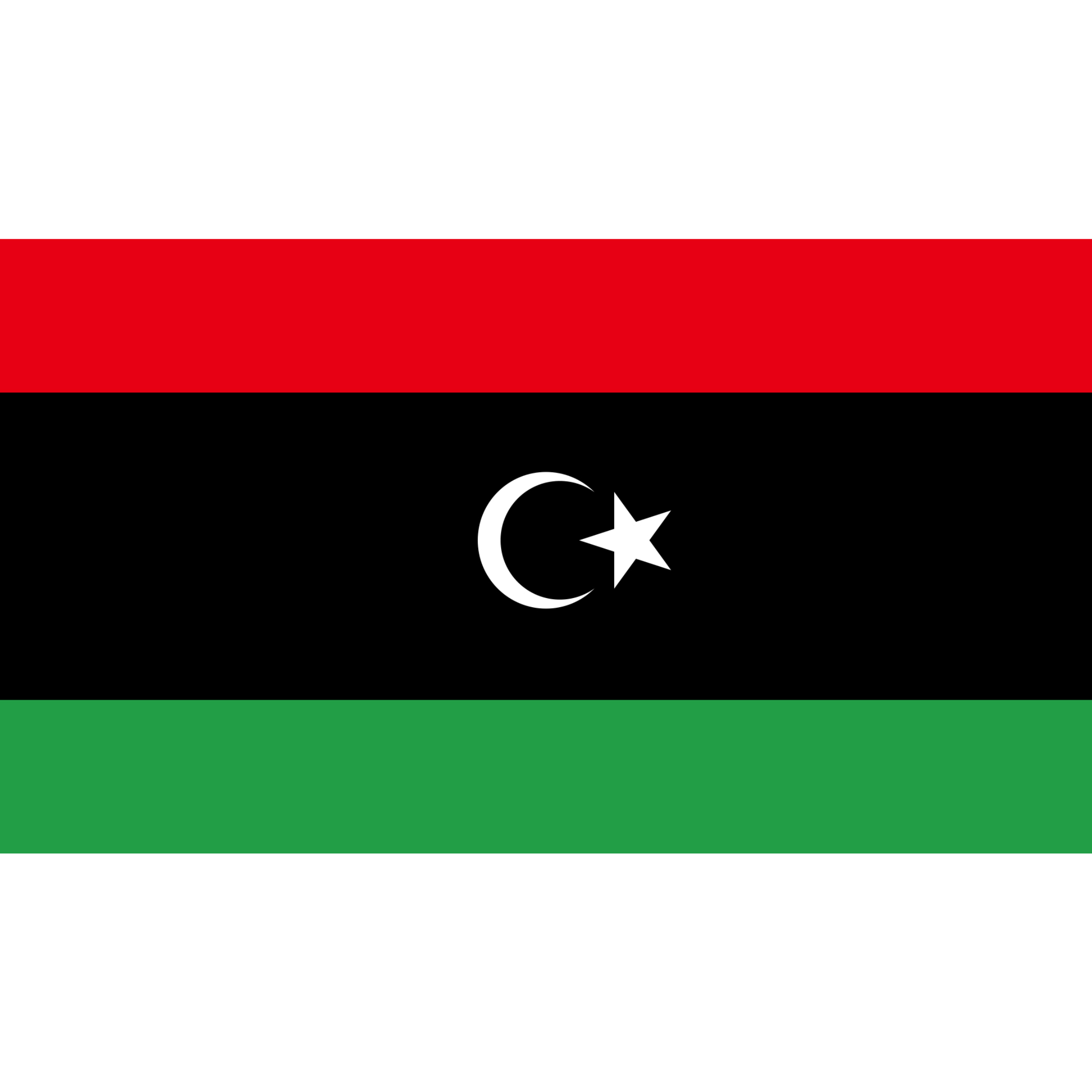 The flag of Libya has 3 horizontal red, black (double width) and green bands, with a white star and crescent in the centre.