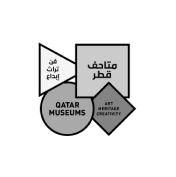 Qatar Museums Logo in black and white, with overlapping shapes containing text (triangle, circle, square and diamond). 