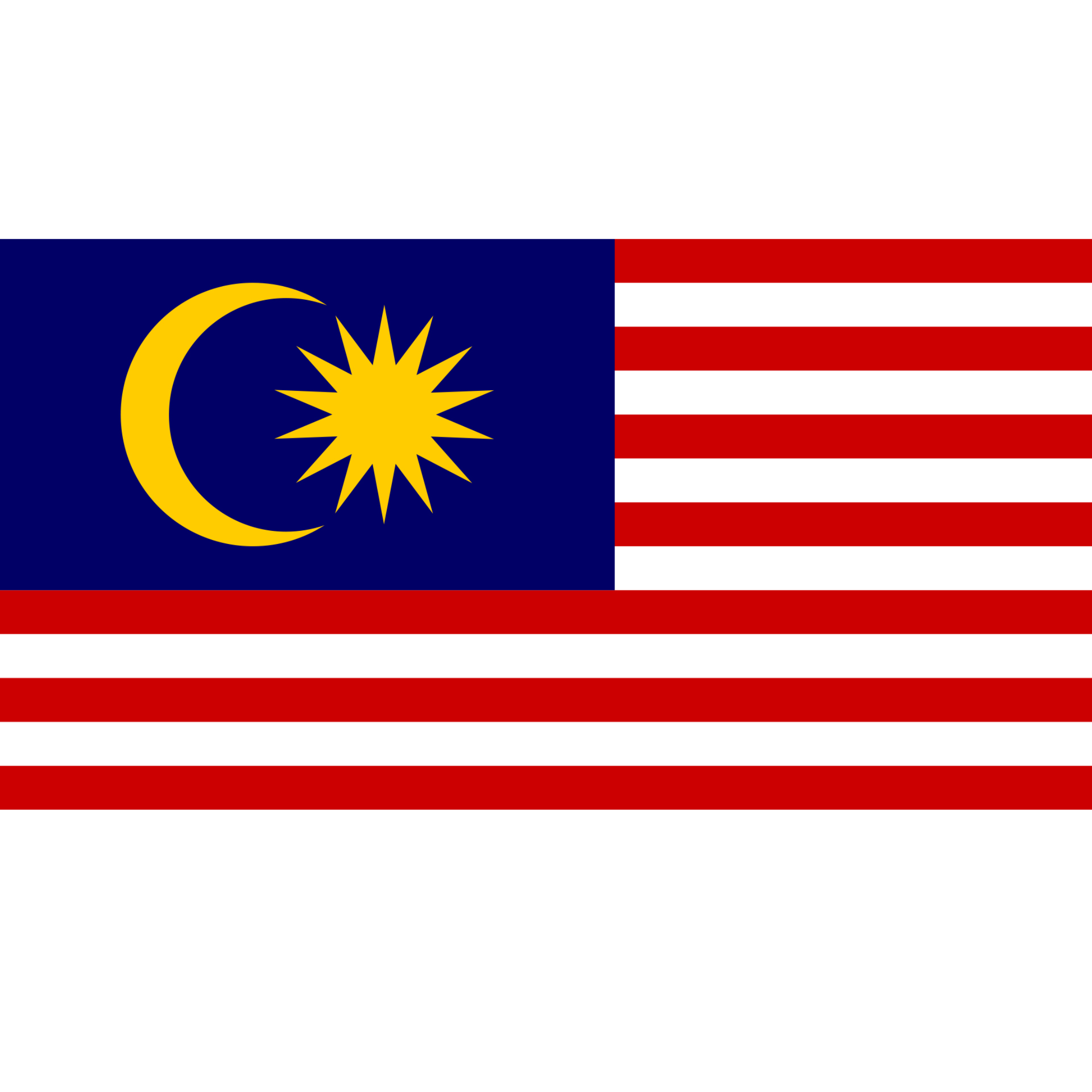 The Malaysian flag has 14 horizontal red and white stripes and a blue rectangle with a yellow crescent and 14-point star.