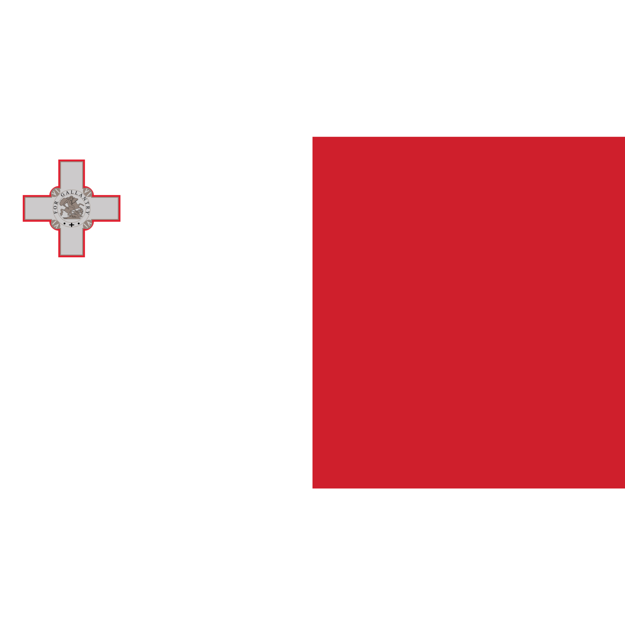 The flag of Malta has two equal white and red vertical halves with a George Cross in the upper left corner.