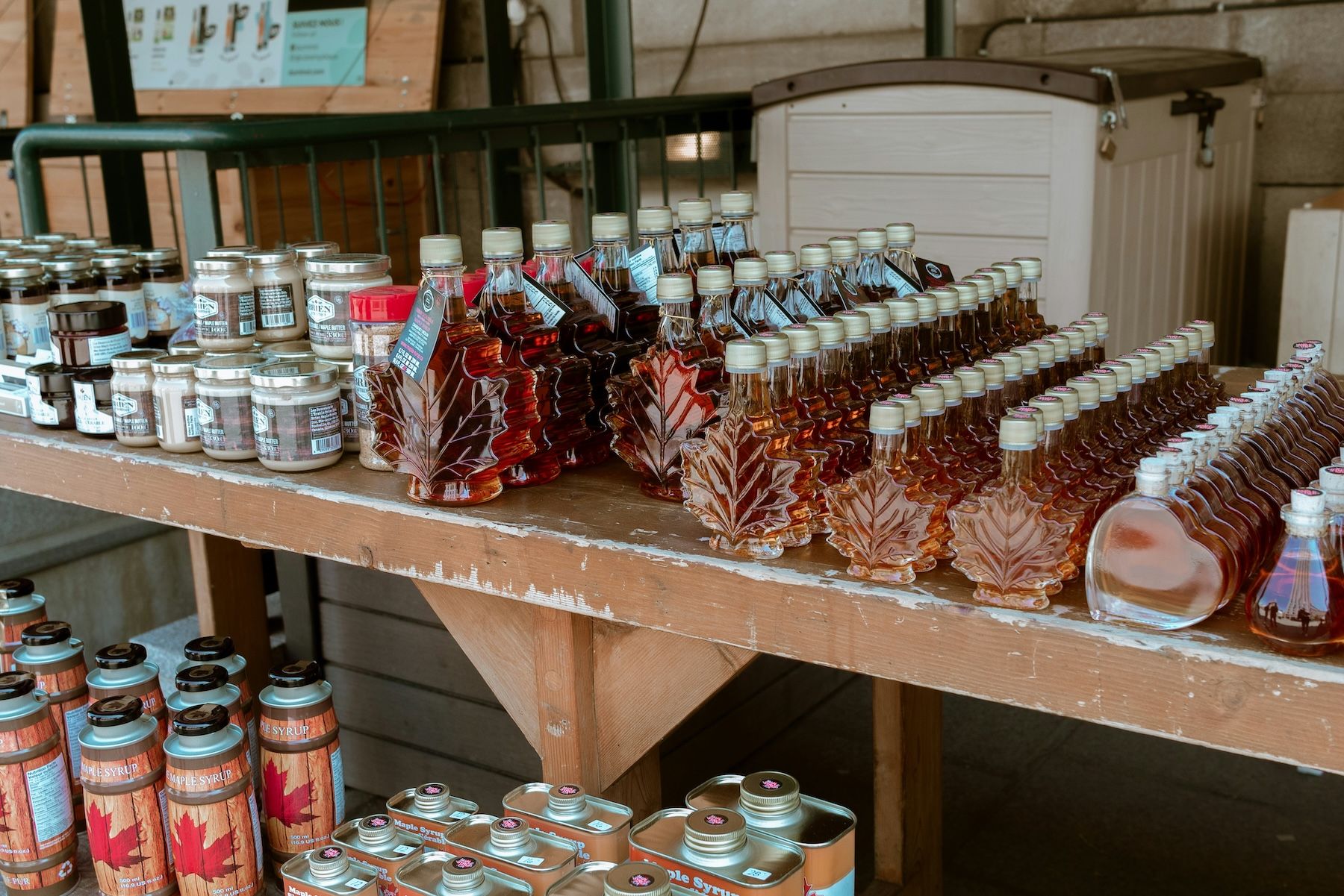 a shelf full of maple syrup bottles of different shapes and sizes