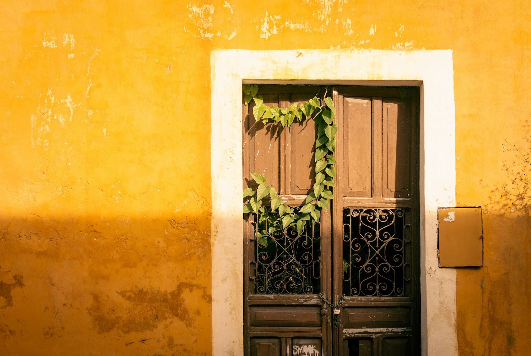 Sunny atmosphere with a bright yellow wall in Izamal, Yucatan, Mexico.
