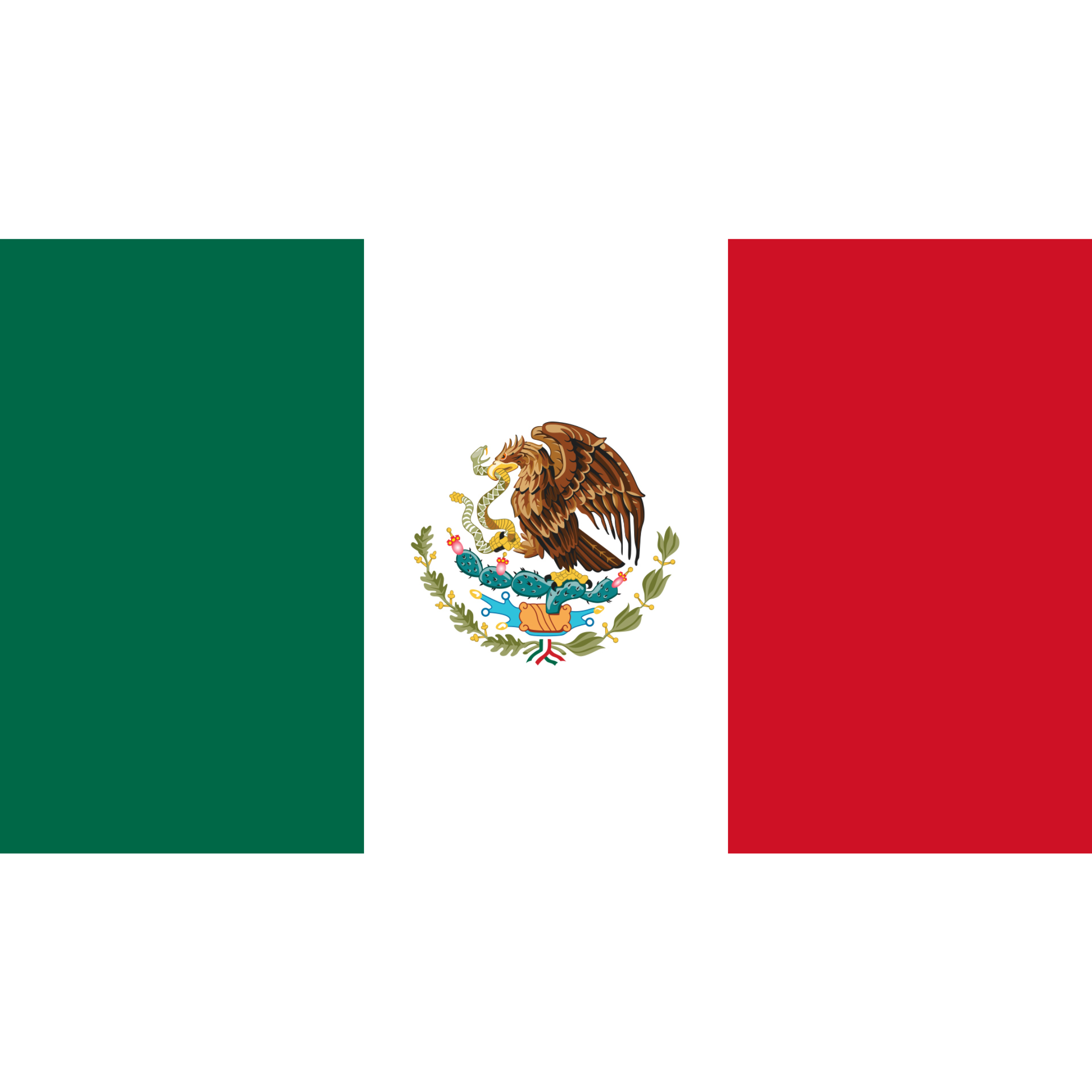 The flag of Mexico has 3 vertical green, white and red bands with Mexico's national coat of arms in the centre.