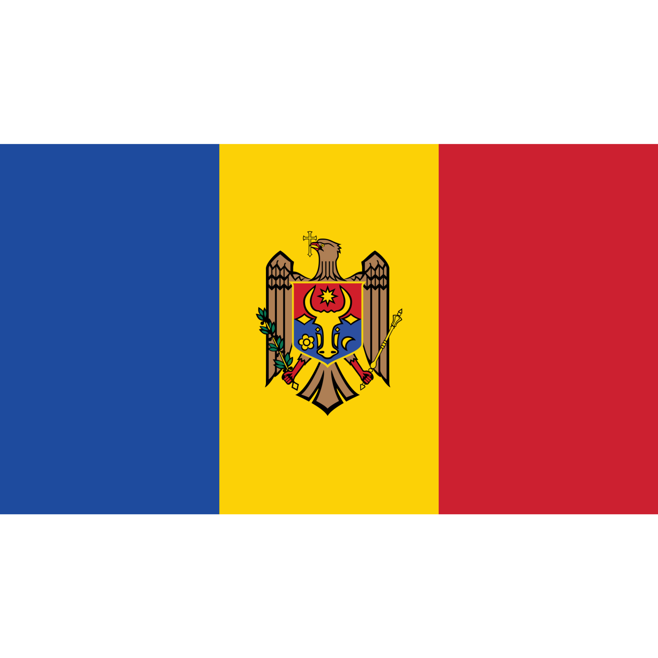 The flag of Moldova has 3 vertical bands in blue, yellow and red with the coat of arms of Moldova in the centre.
