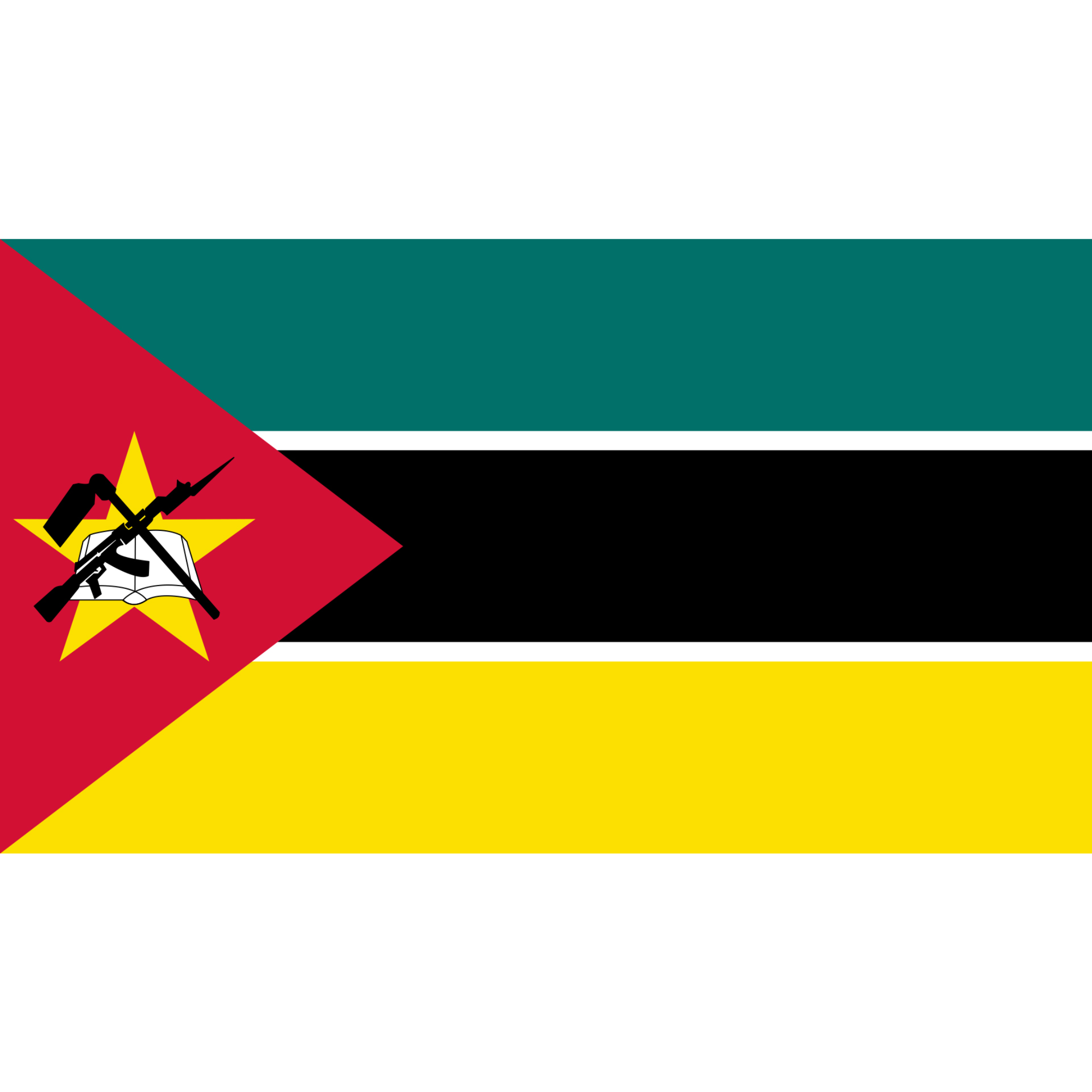 Mozambique's flag has 3 horizontal teal, white-edged black and yellow bands and a red triangle on the left with an emblem.