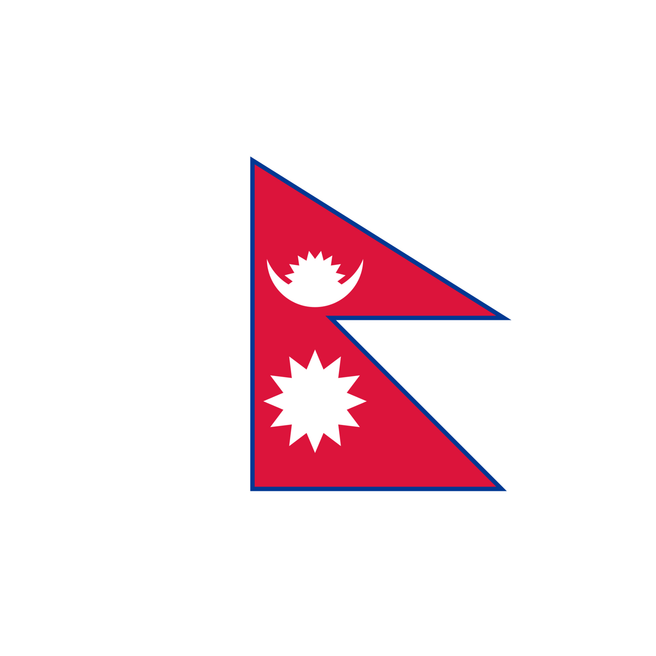 The flag of Nepal is made up of 2 red triangles (pennants) one above the other, with a blue border, 2 white suns and a moon.