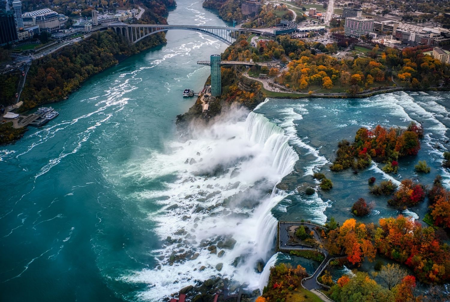 Aerial photograph of the Niagara Falls, focusing on the American Falls. The Rainbow Bridge, connecting USA and Canada, is visible in the background.